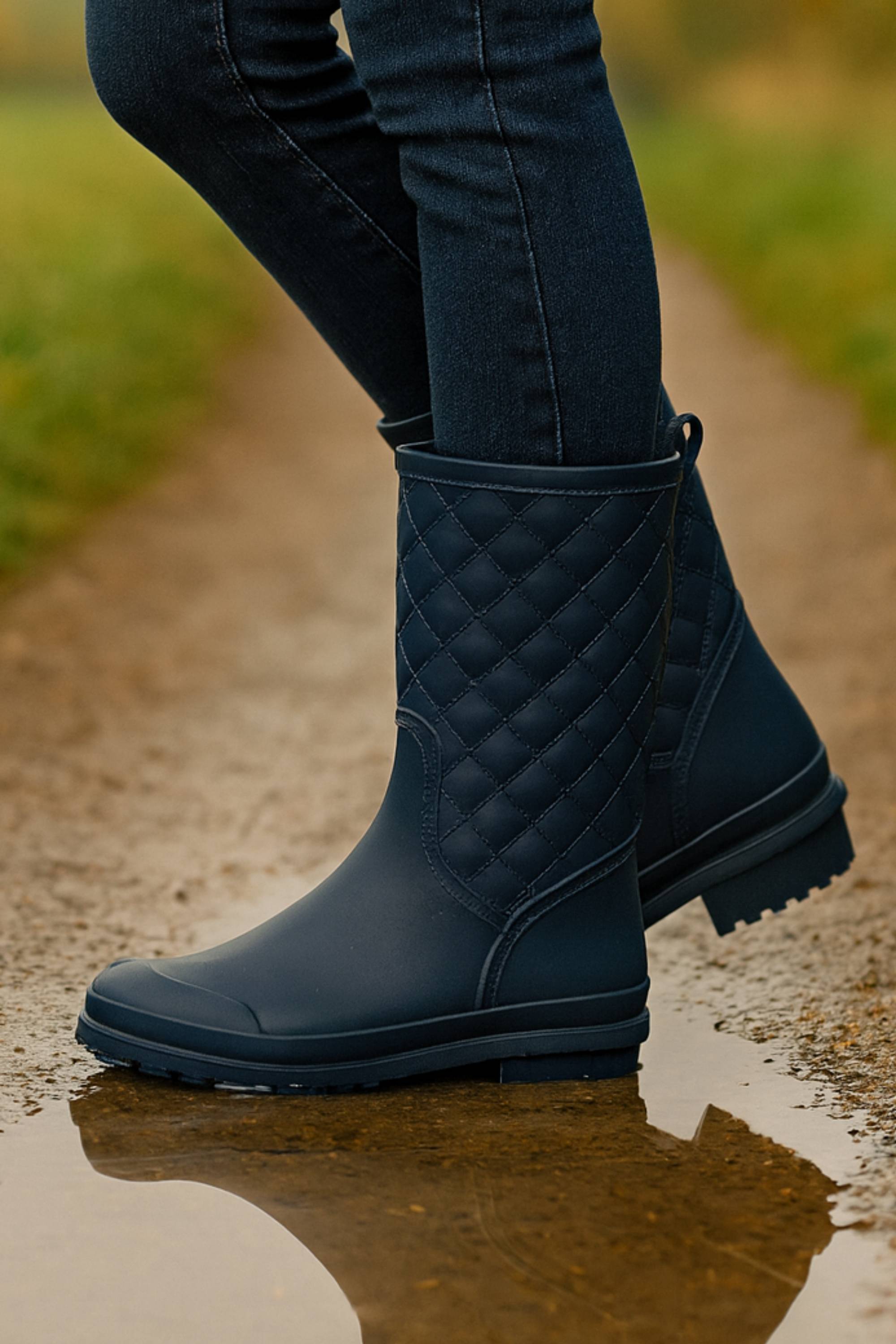 Navy Blue AJVANI Navy Blue Waterproof Wellingtons Quilted Ankle Boots Wellies, Image 2 of 6