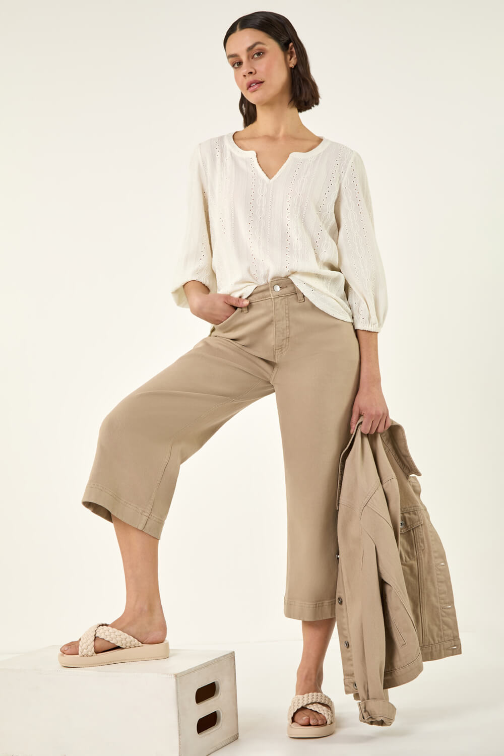 Beige Wide Leg Stretch Denim Culottes, Image 3 of 6