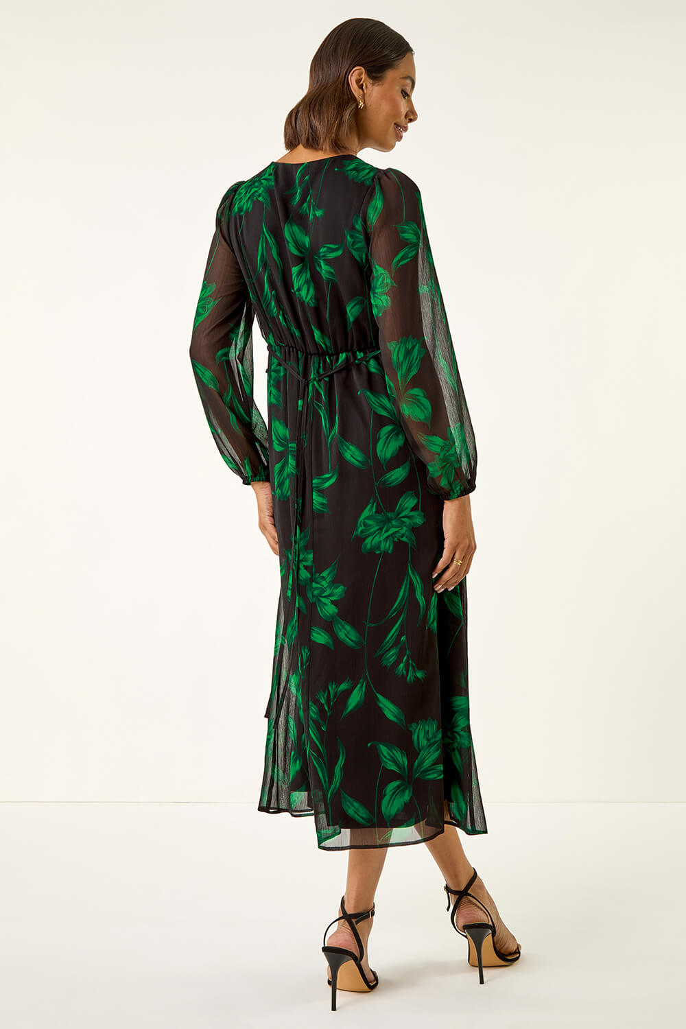Green Floral Frill Chiffon Midi Dress, Image 4 of 5