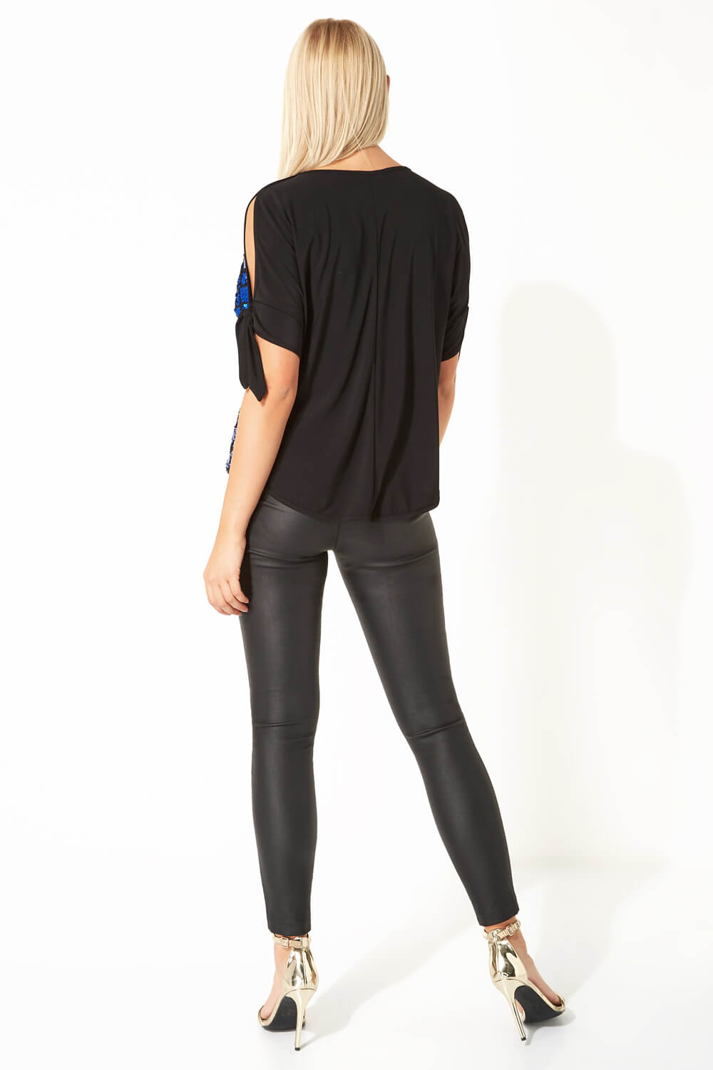Blue Sparkle Sequin Cold Shoulder Top, Image 4 of 5