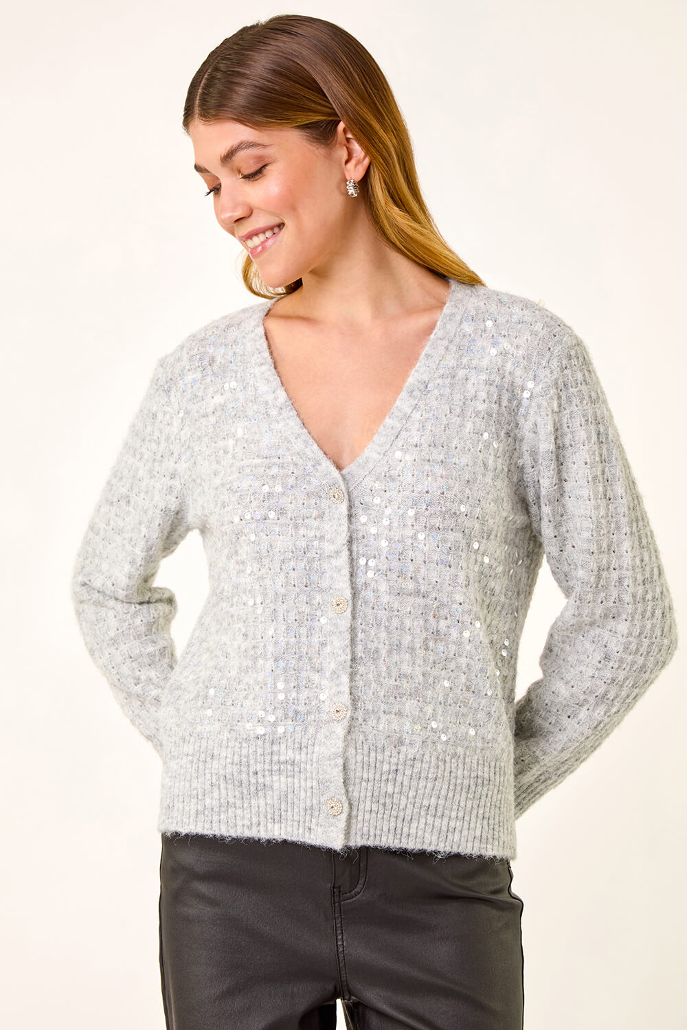 Grey Buttoned Sequin Knit Cardigan, Image 6 of 7
