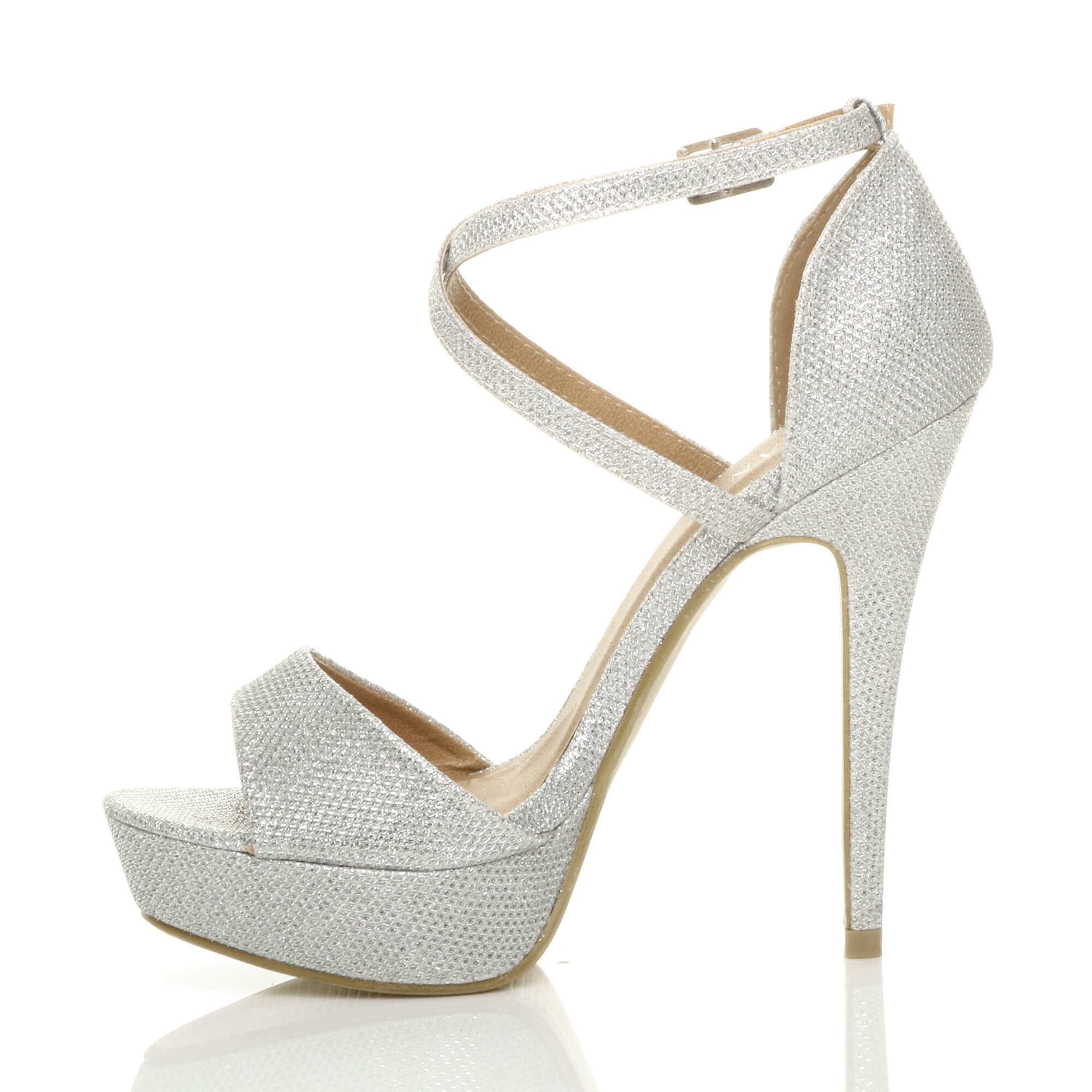 Silver AJVANI Silver High Heel Crossed Straps Platform Sandals, Image 3 of 6