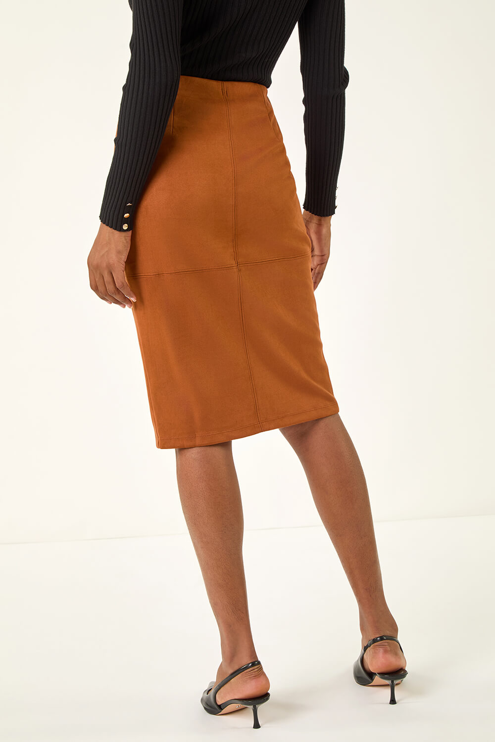 Tan Faux Suede Pencil Stretch Skirt, Image 5 of 5