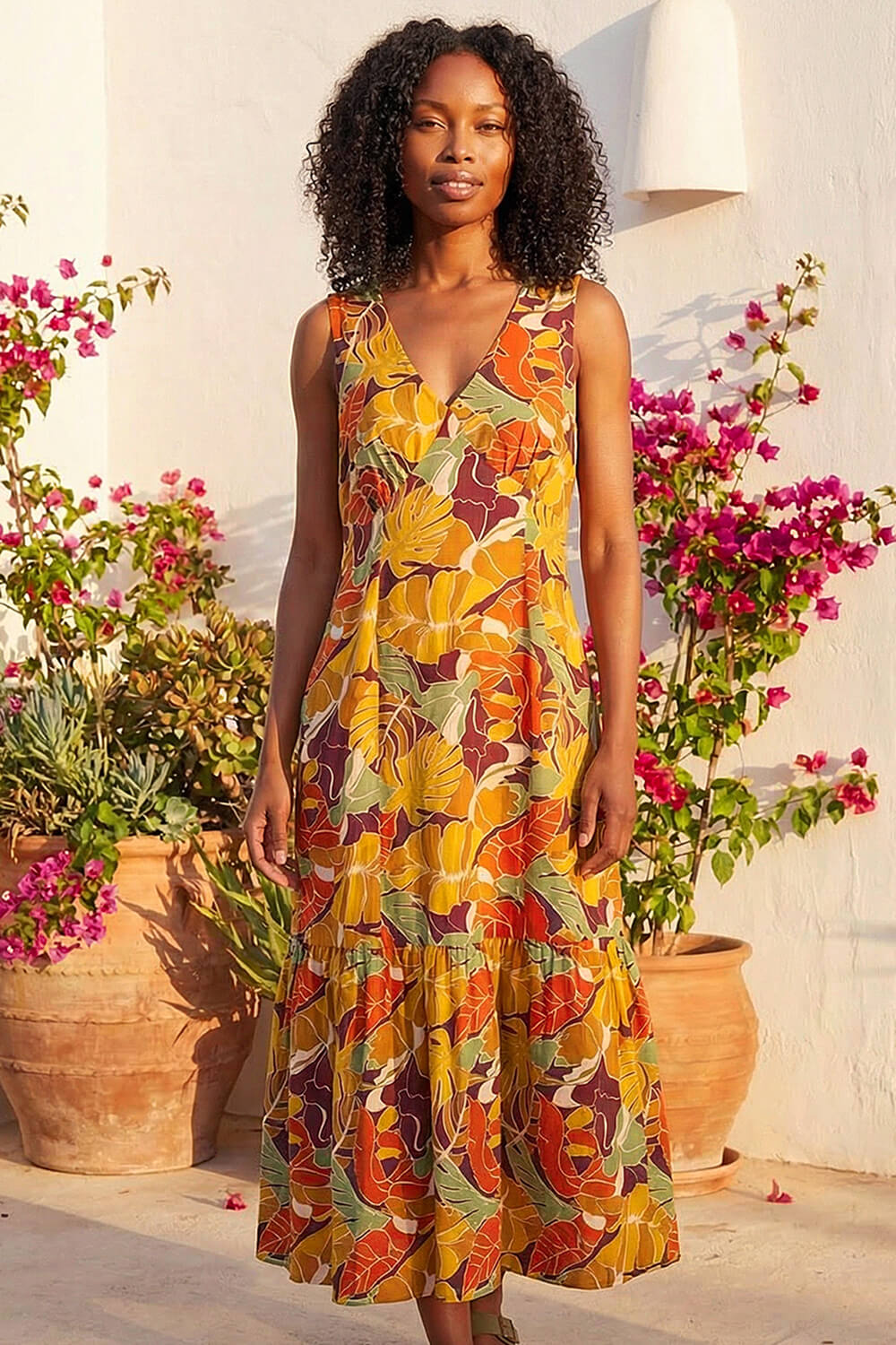 Orange Leaf Print Tiered Midi Dress , Image 3 of 4