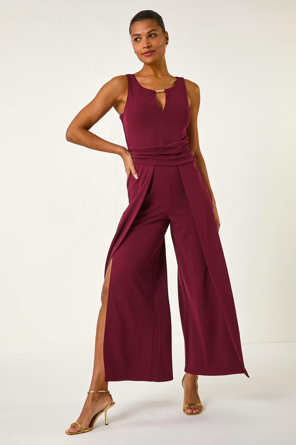 Wine Ruched Front Full Length Jumpsuit, Image 3 of 5