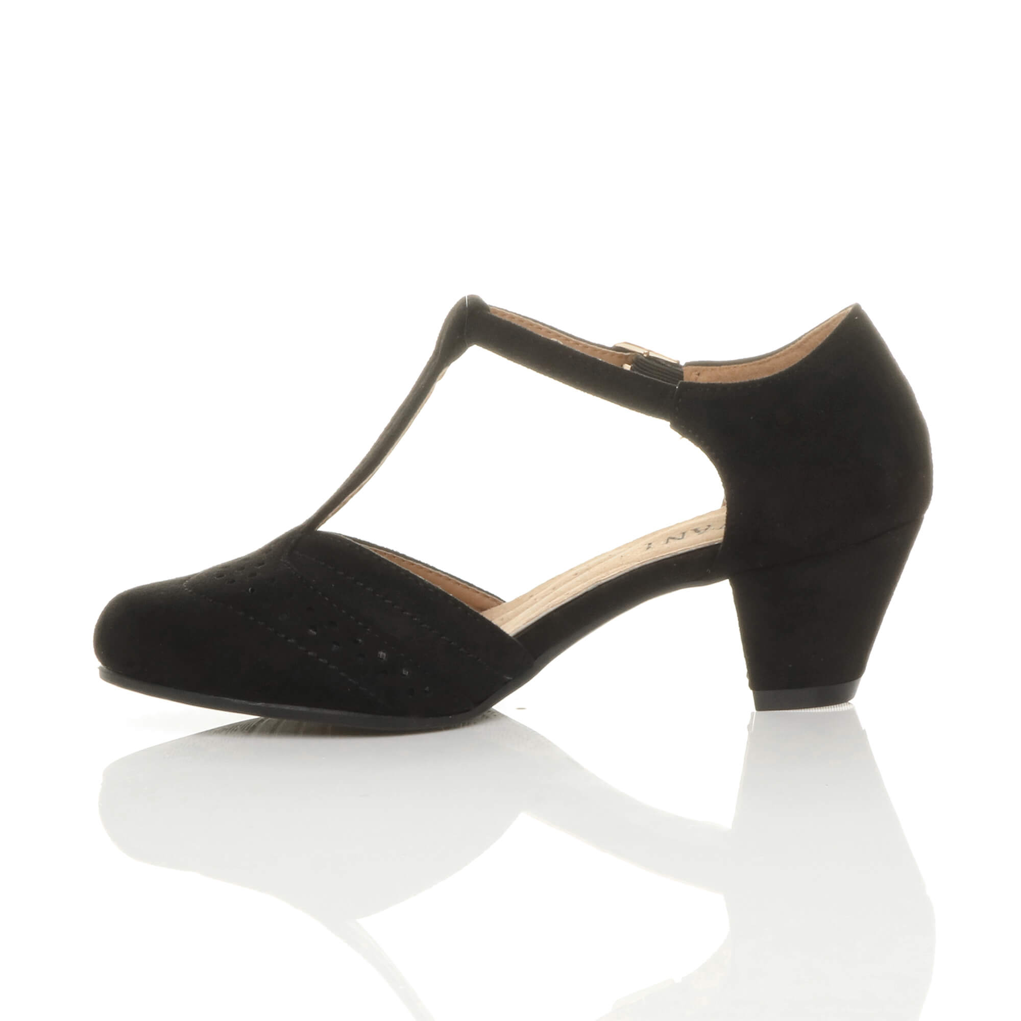 Black Mid Heel Comfort T-Bar Brogue 2 Part Heels, Image 3 of 6