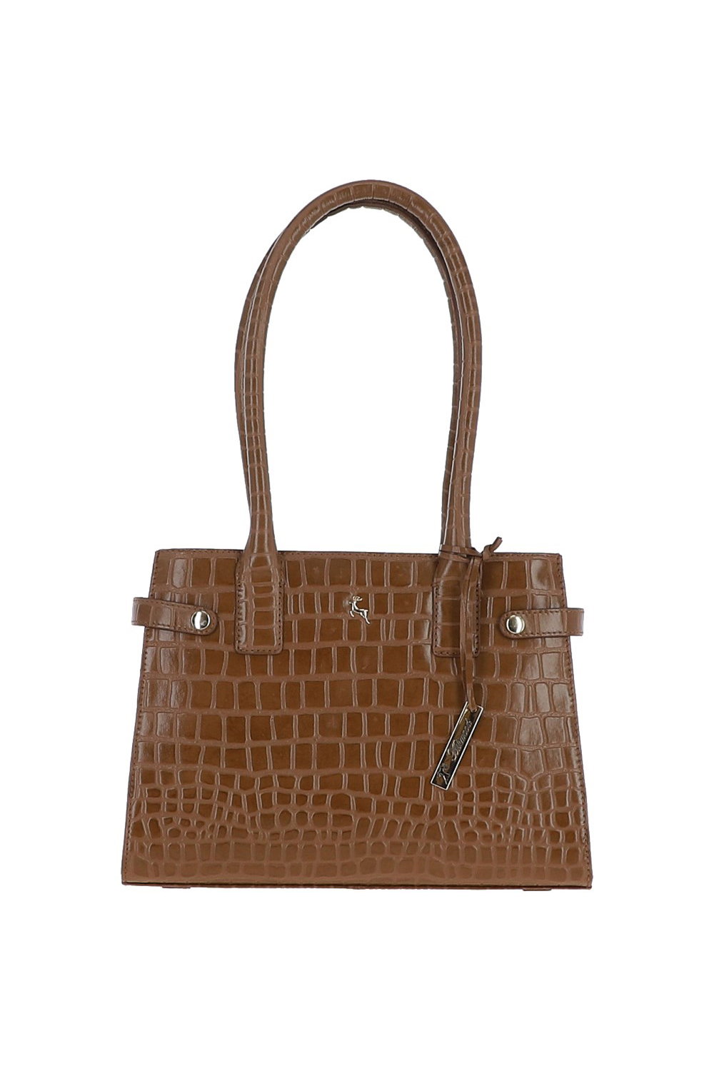 Tan Two Section Croc Print Real Leather Tote Bag, Image 1 of 3