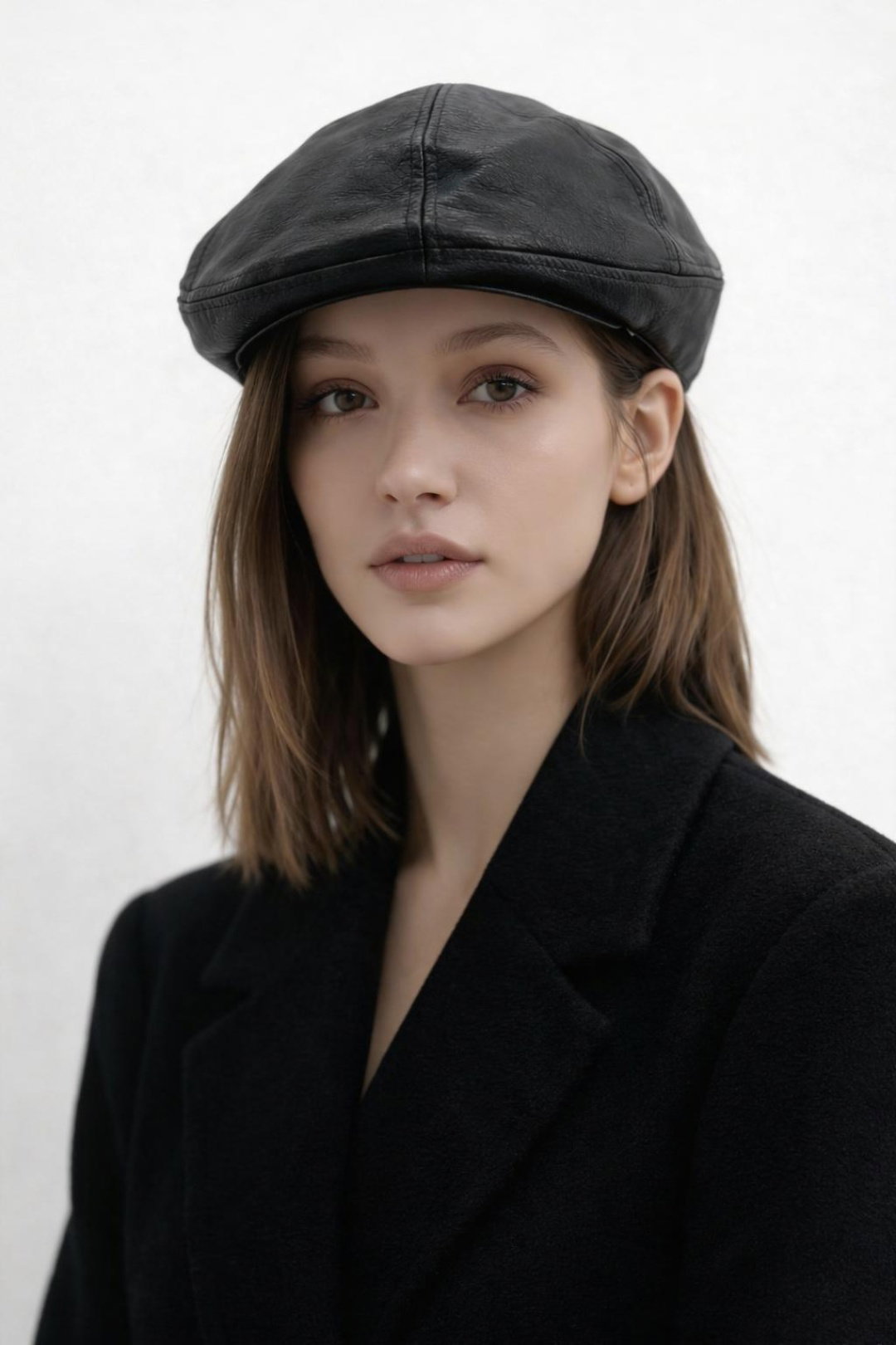Black SVNX Black Flat Cap in Black PU, Image 1 of 3