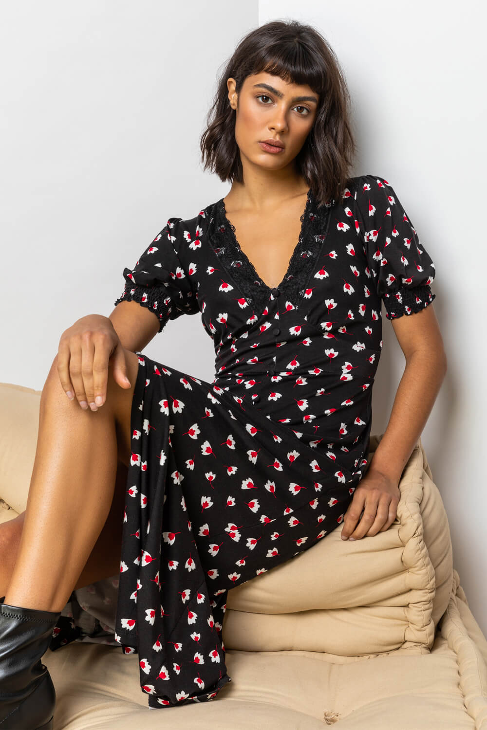 Red Lace Trim Floral Print Midi Dress, Image 6 of 5