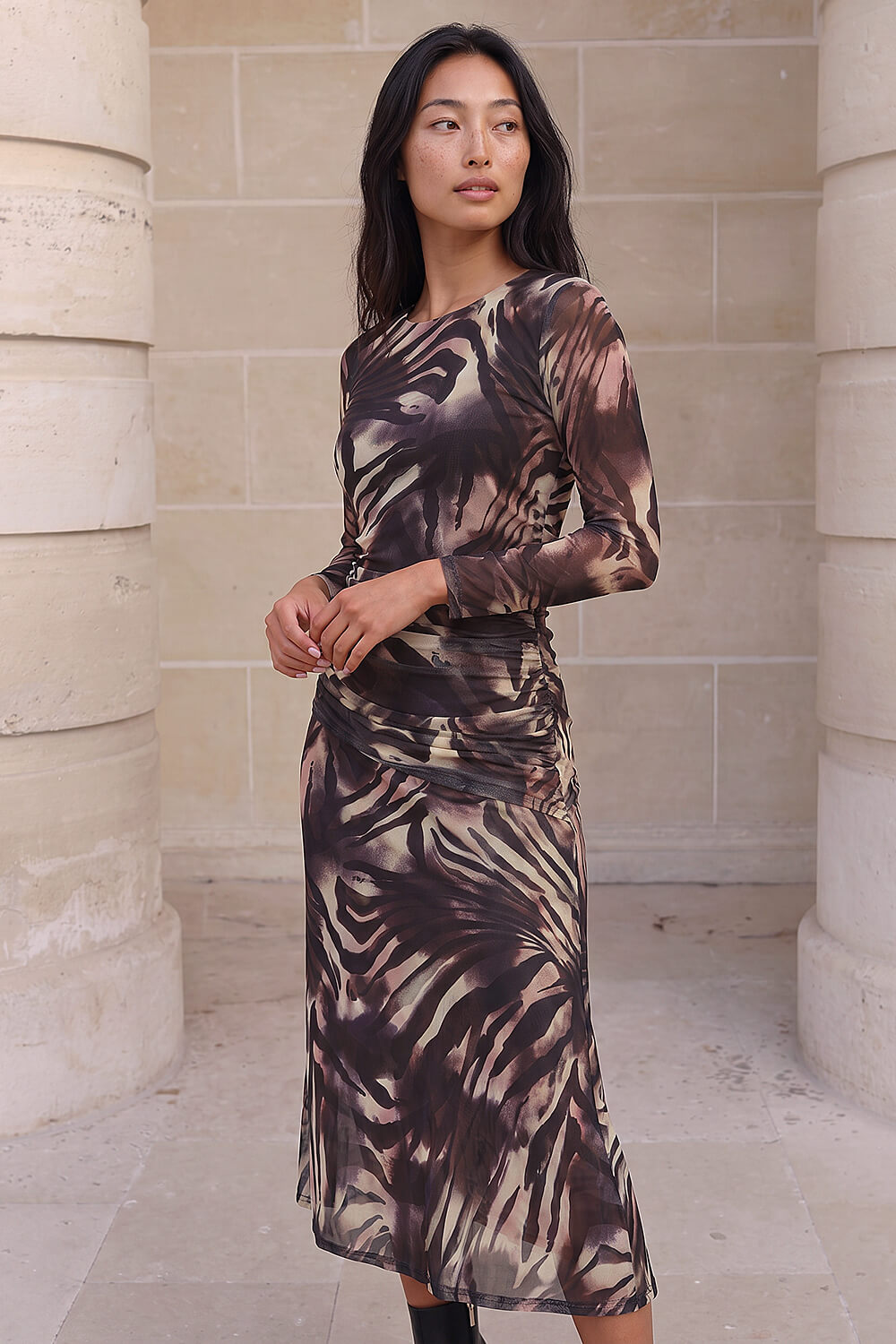Roman Petite Women's Brown Animal Print Mesh Ruched Midi Dress Size 8