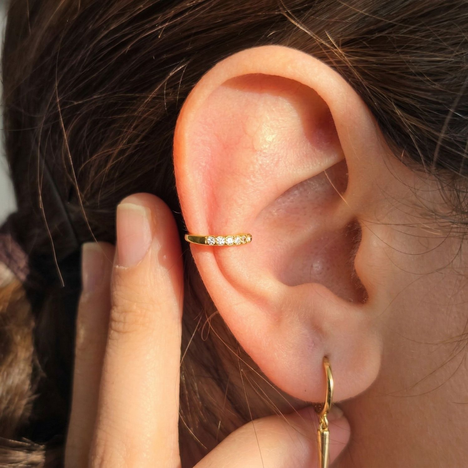 Gold Dainty Ear Cuff Paved Conch Hoops No Piercing Required, Image 2 of 4