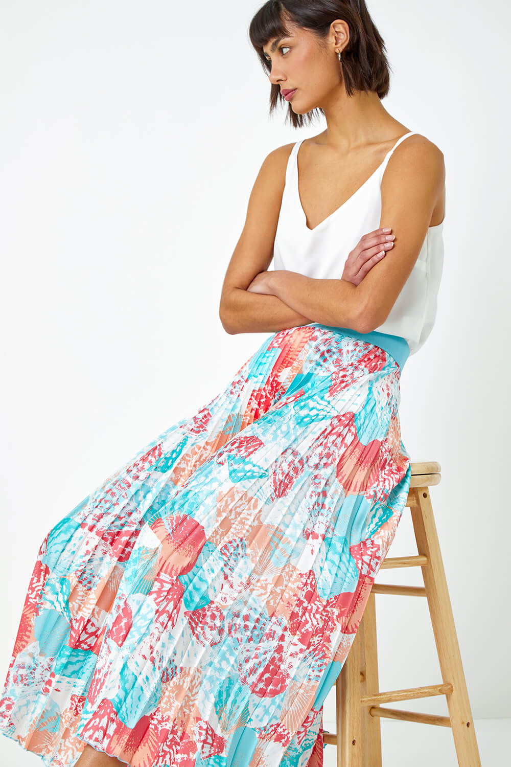 Turquoise Seashell Print Pleated Maxi Skirt, Image 1 of 5