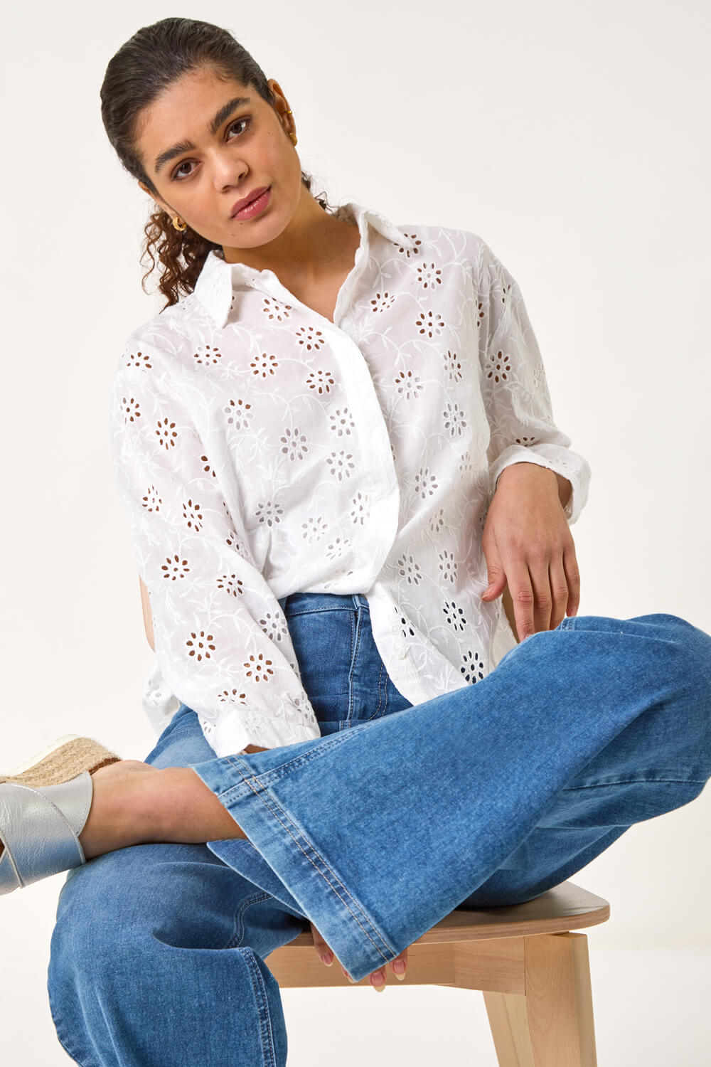 Ivory Floral Broderie Collar Cotton Shirt , Image 1 of 7