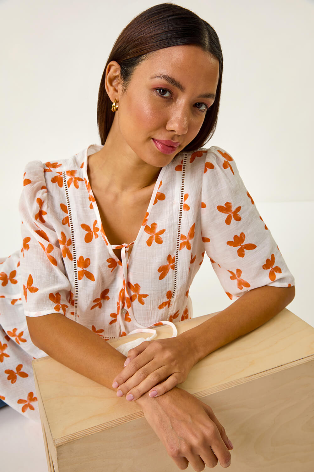 ORANGE Floral Print Tassel Top, Image 1 of 5