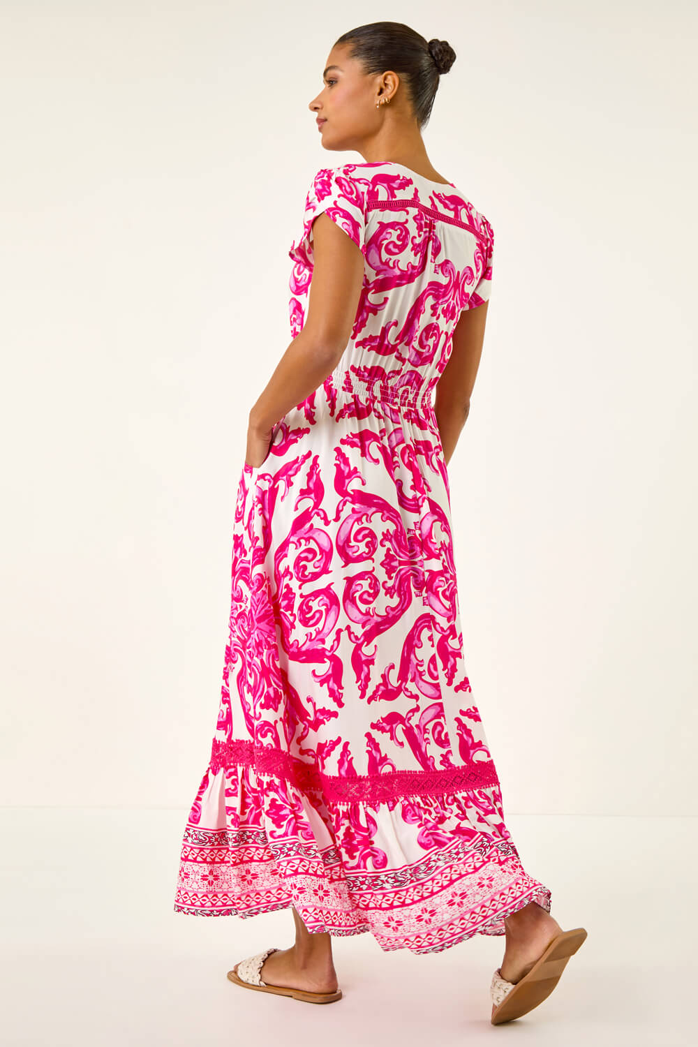 Pink Border Print Button Dress, Image 4 of 5