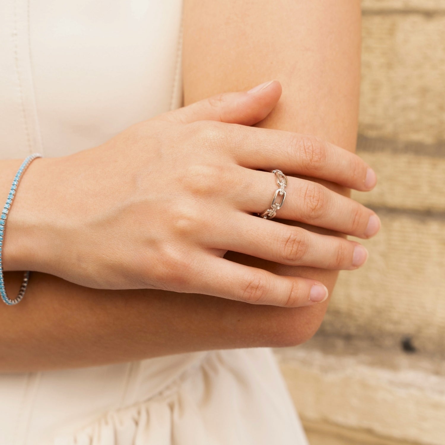Silver Sterling Silver Pave Chain Ring, Image 7 of 8