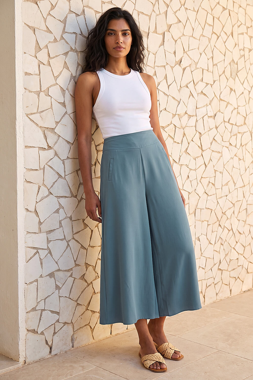 Steel Blue Palazzo Culotte Wide Leg Trouser, Image 3 of 4