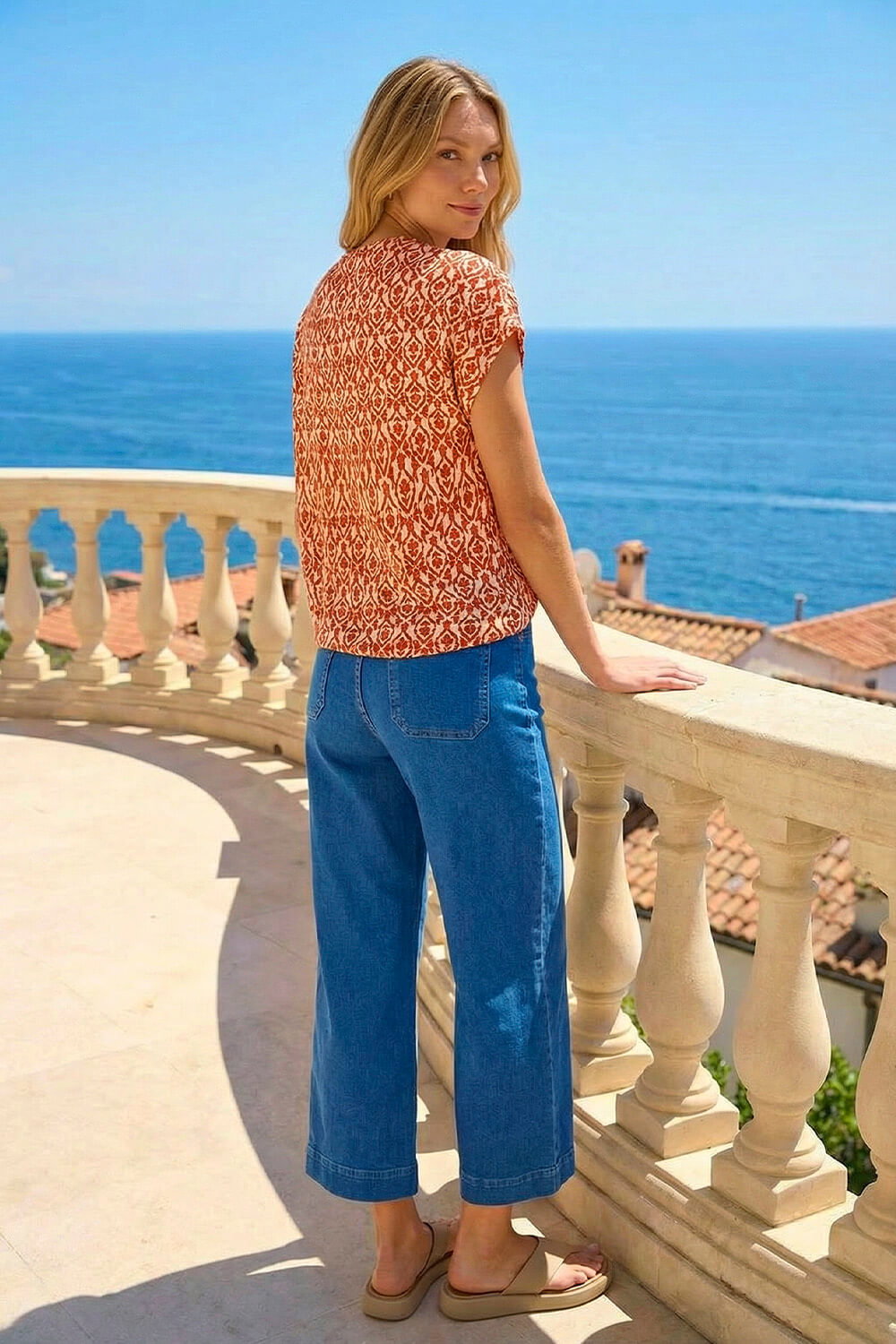 Rust Geo Print Bubble Hem Top, Image 4 of 4