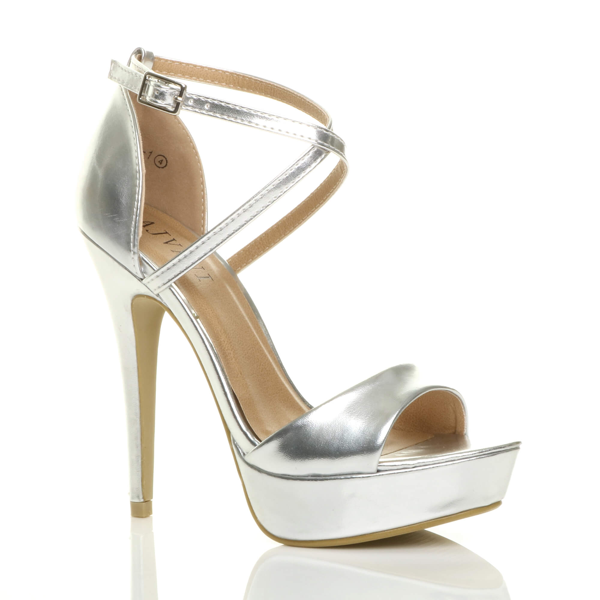 Silver AJVANI Silver High Heel Crossed Straps Platform Sandals, Image 1 of 6