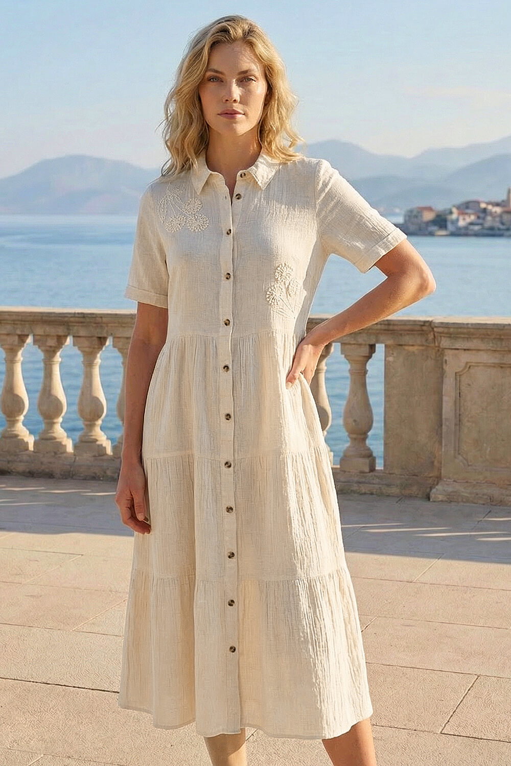 Natural  Embroidery Detail Tiered Midi Dress, Image 3 of 4