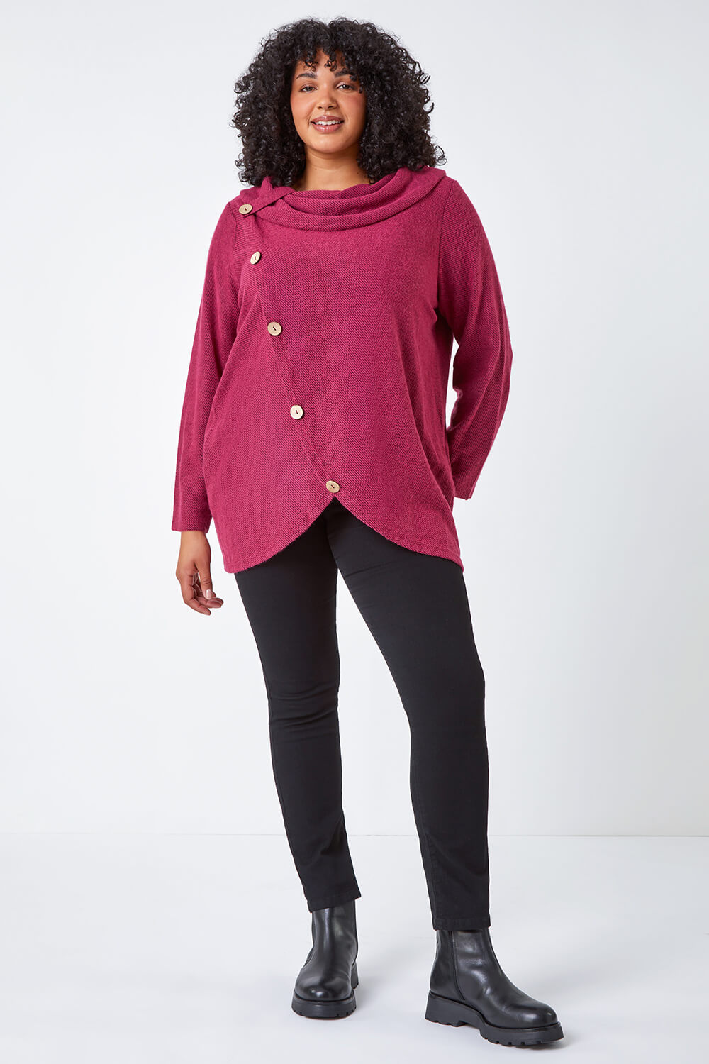 Fuchsia Curve Cowl Neck Button Wrap Top, Image 3 of 5