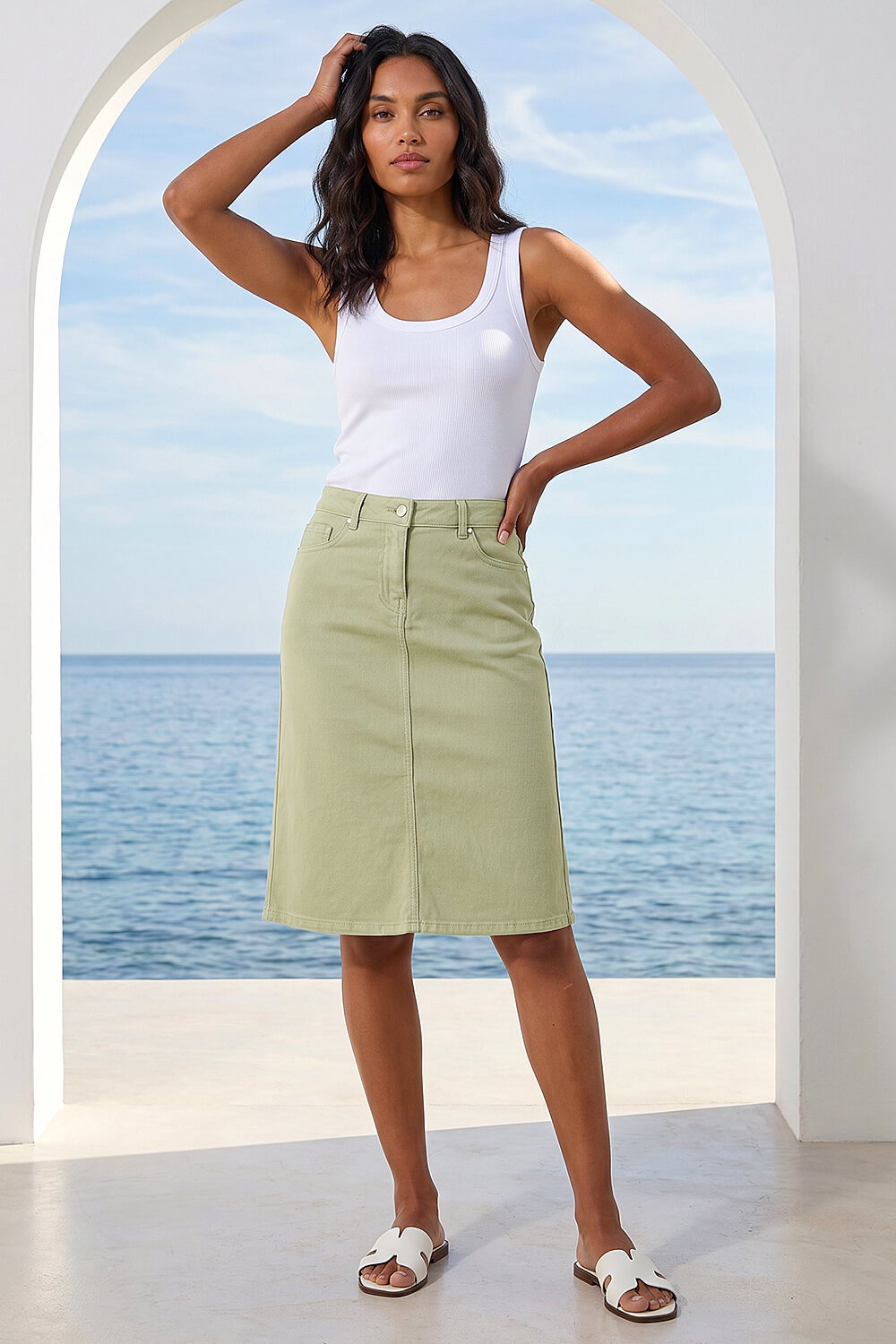 Sage Cotton Denim Stretch A line Skirt , Image 4 of 4