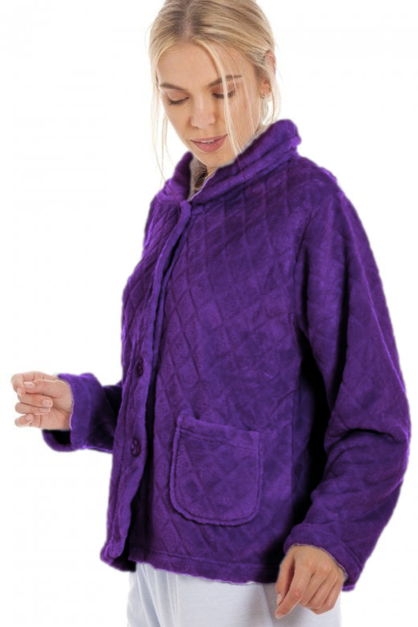 Purple Camille Lingerie Purple Supersoft Diamond Print Button Up Bed Jacket, Image 4 of 4