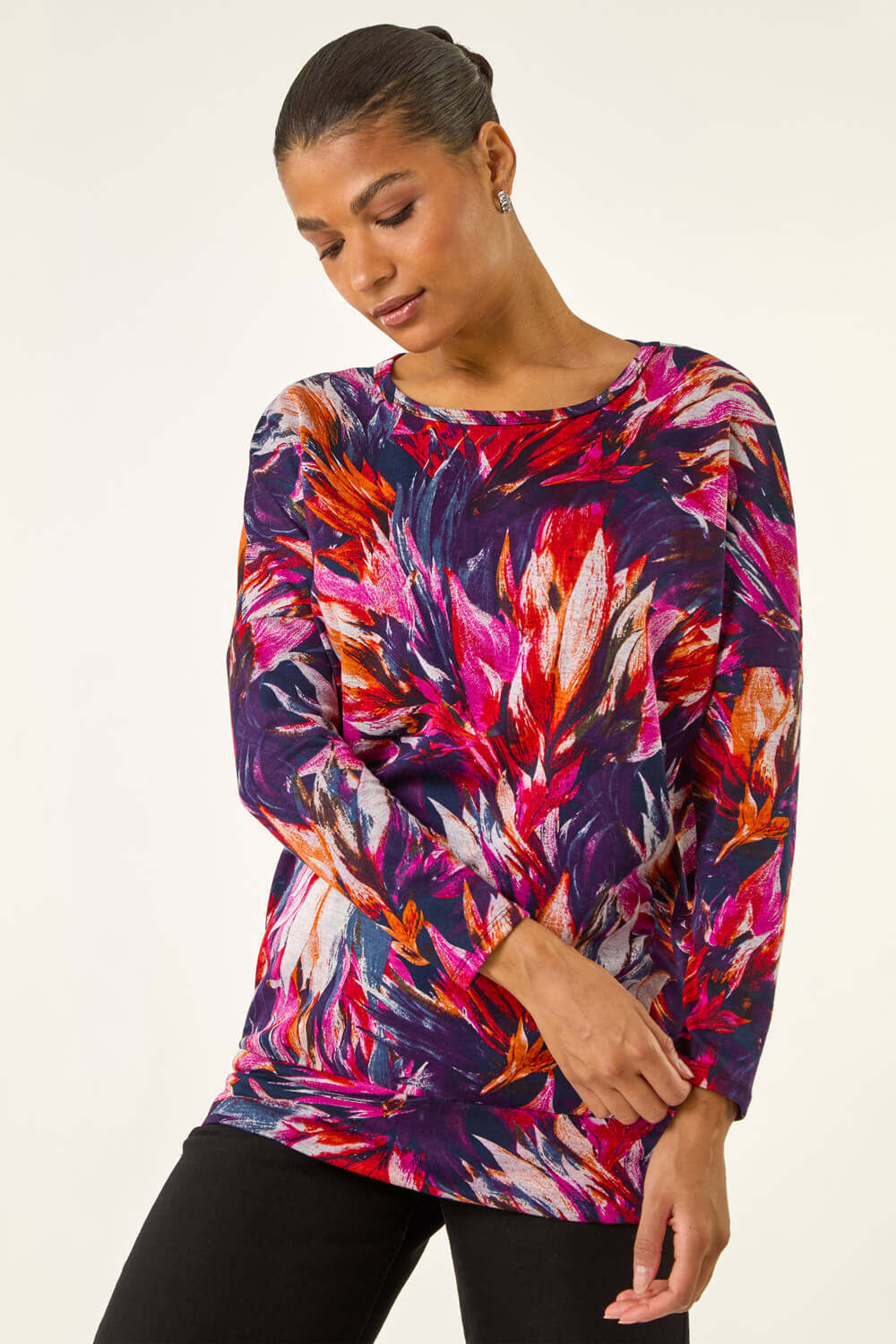 Navy Floral Print Bubble Hem Stretch Top, Image 1 of 5
