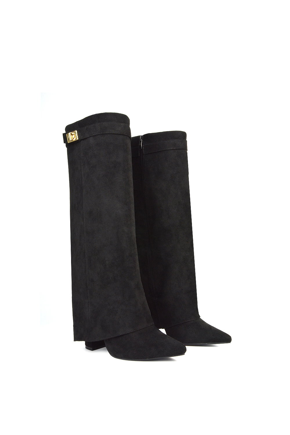 Black 'Rayna' Block Heel Knee High Foldover Boots With Pointed Toe, Image 4 of 6