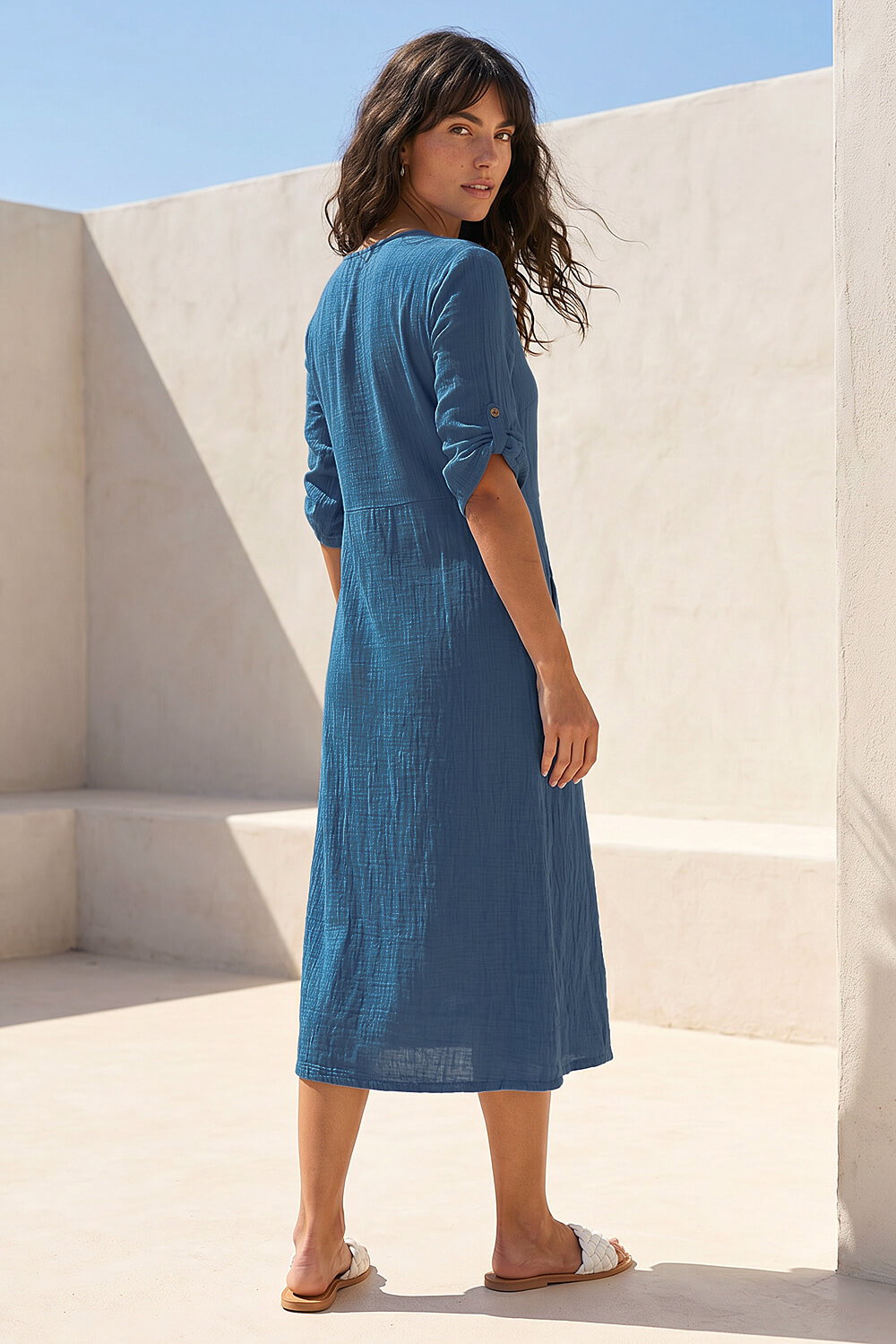 Blue Textured A-line Midi Dress, Image 4 of 4