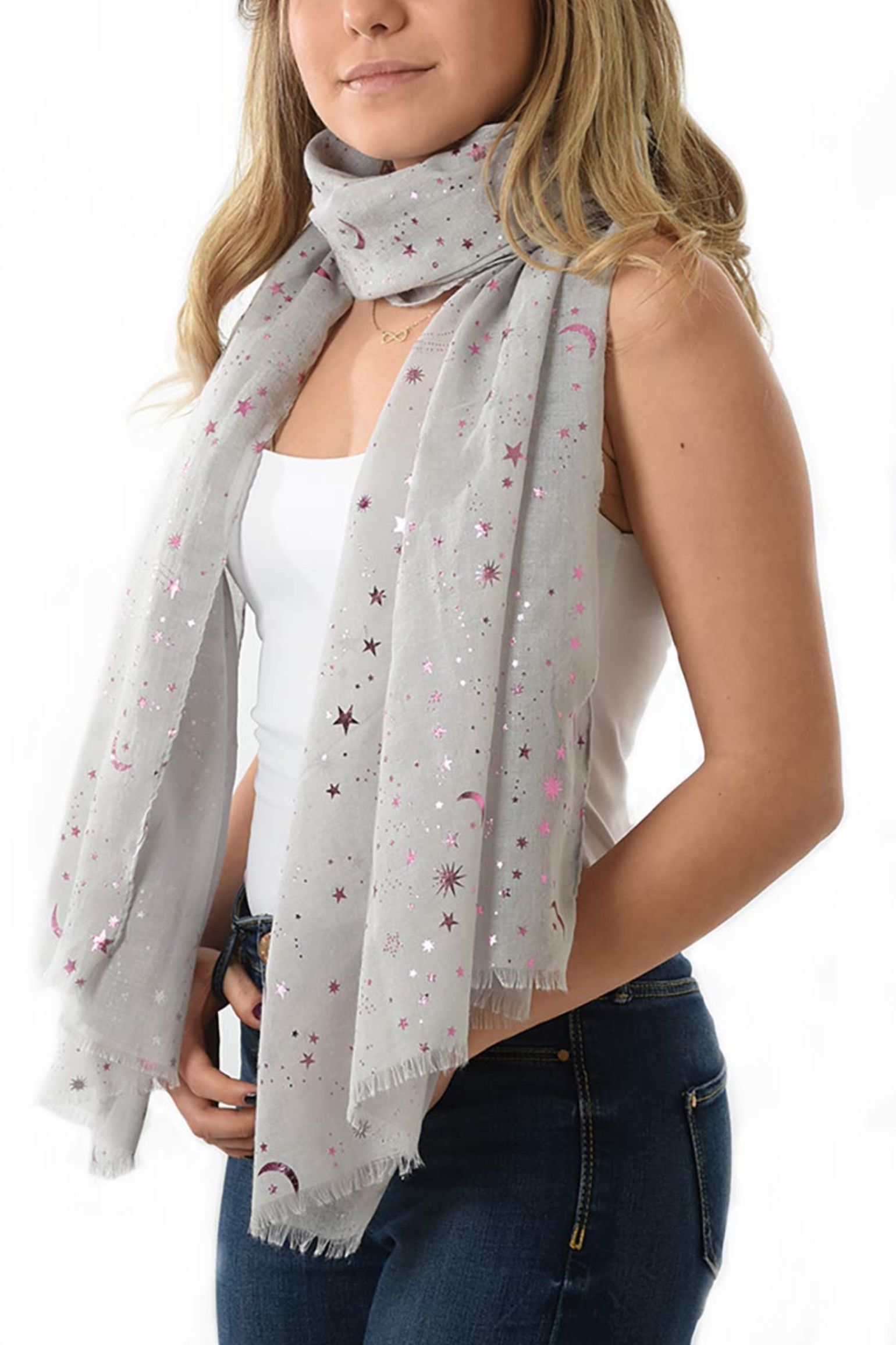 Light Grey Foil Star Moon Lighweight Scarf, Image 3 of 4