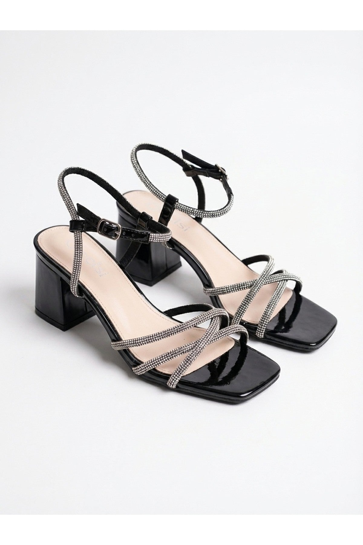 Black iKrush Black Willow Rhinestone Block Heel Sandals, Image 5 of 8