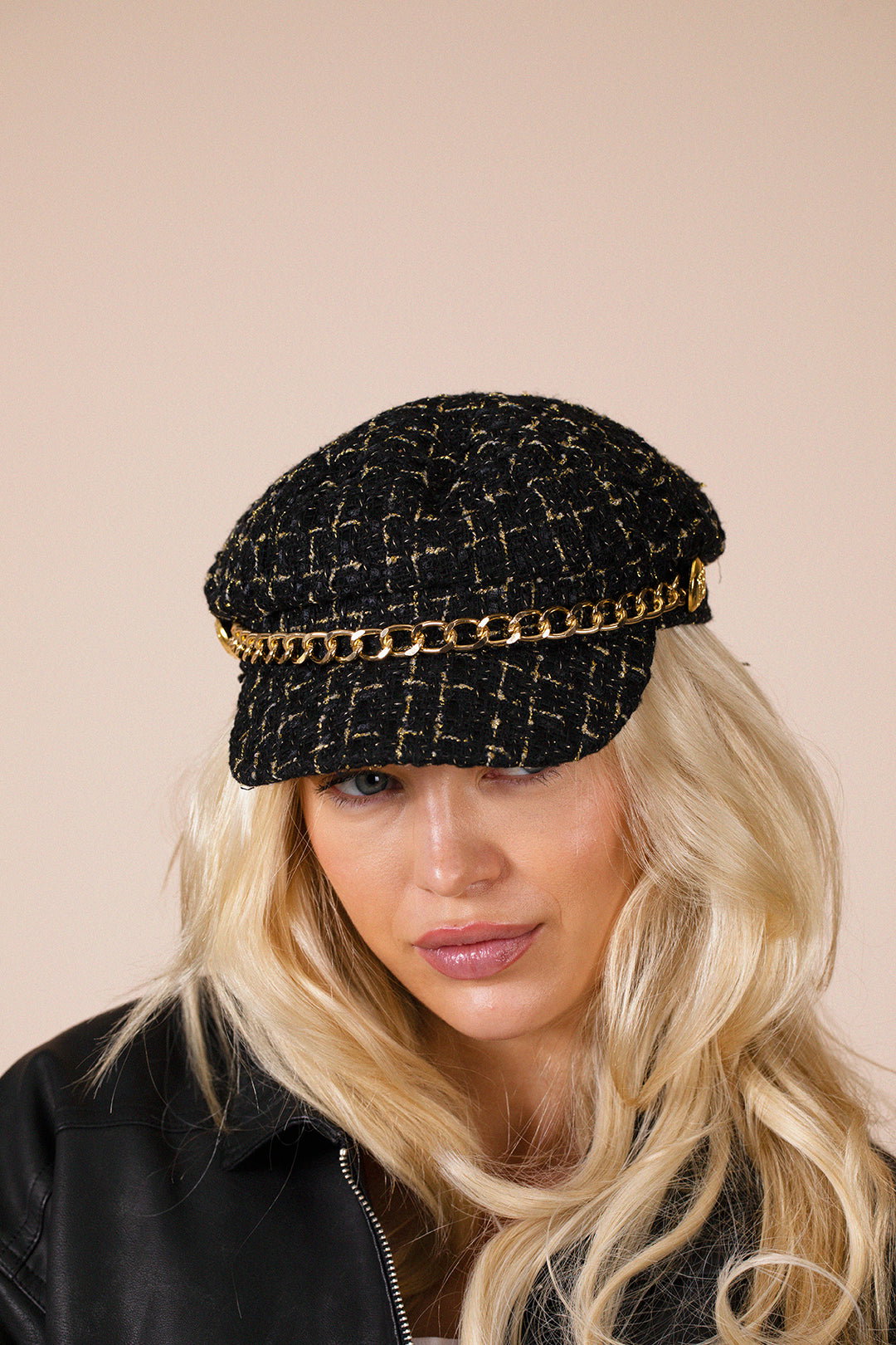 Black Tweed Baker Boy Hat In Black
