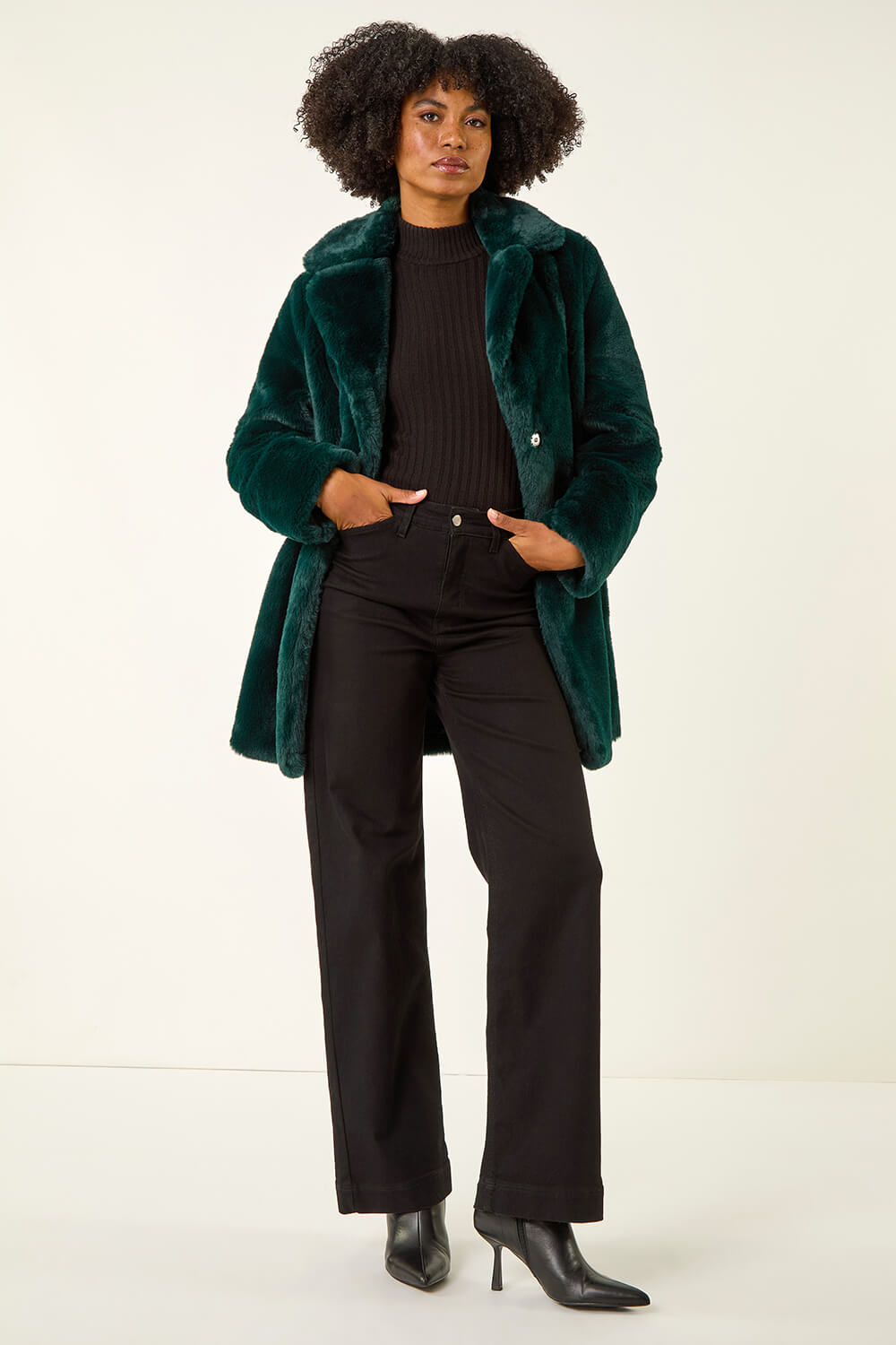 Emerald Faux Fur Longline Coat, Image 3 of 5