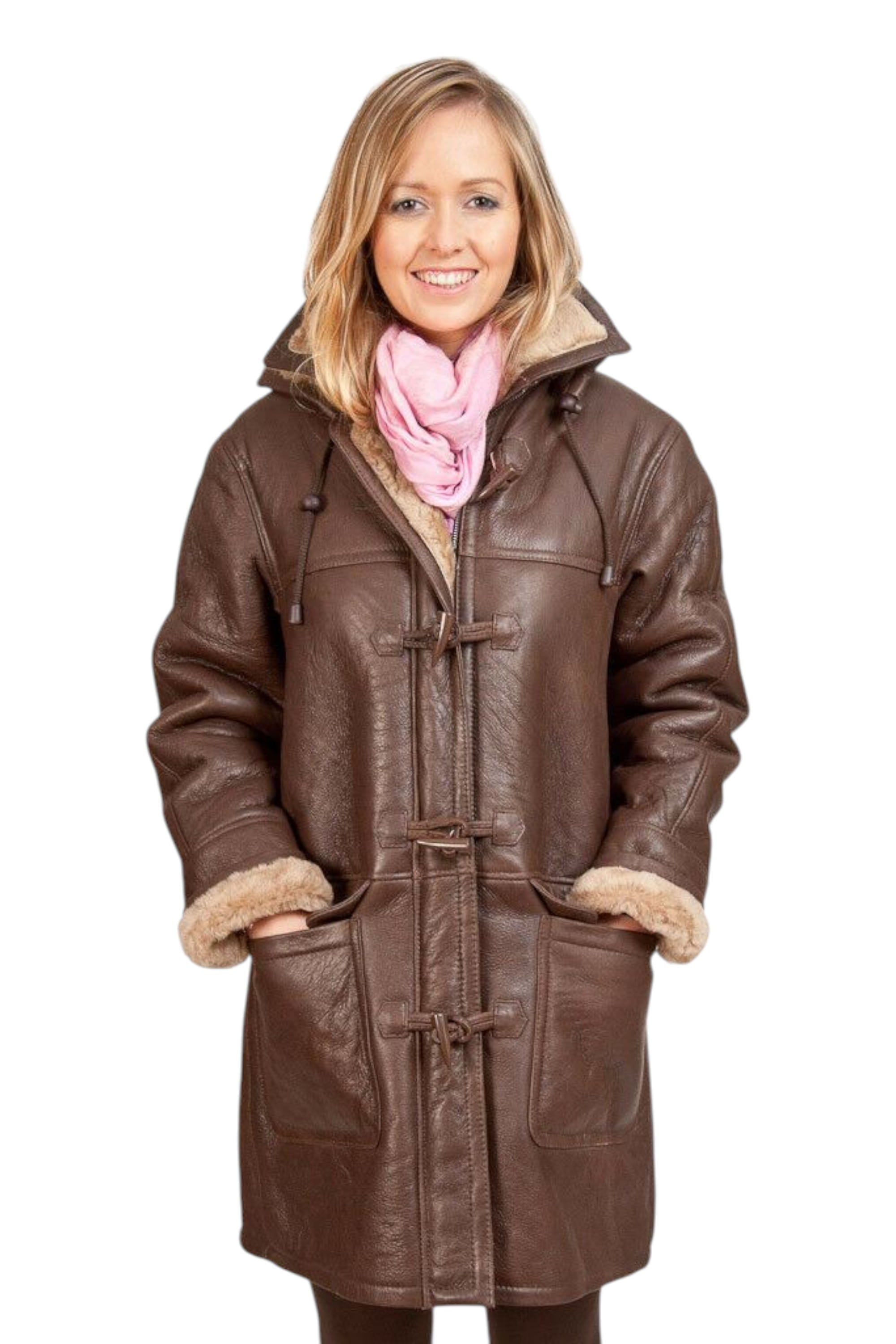 Brown Hooded Sheepskin Leather Coat - Canvas, Image 1 of 4