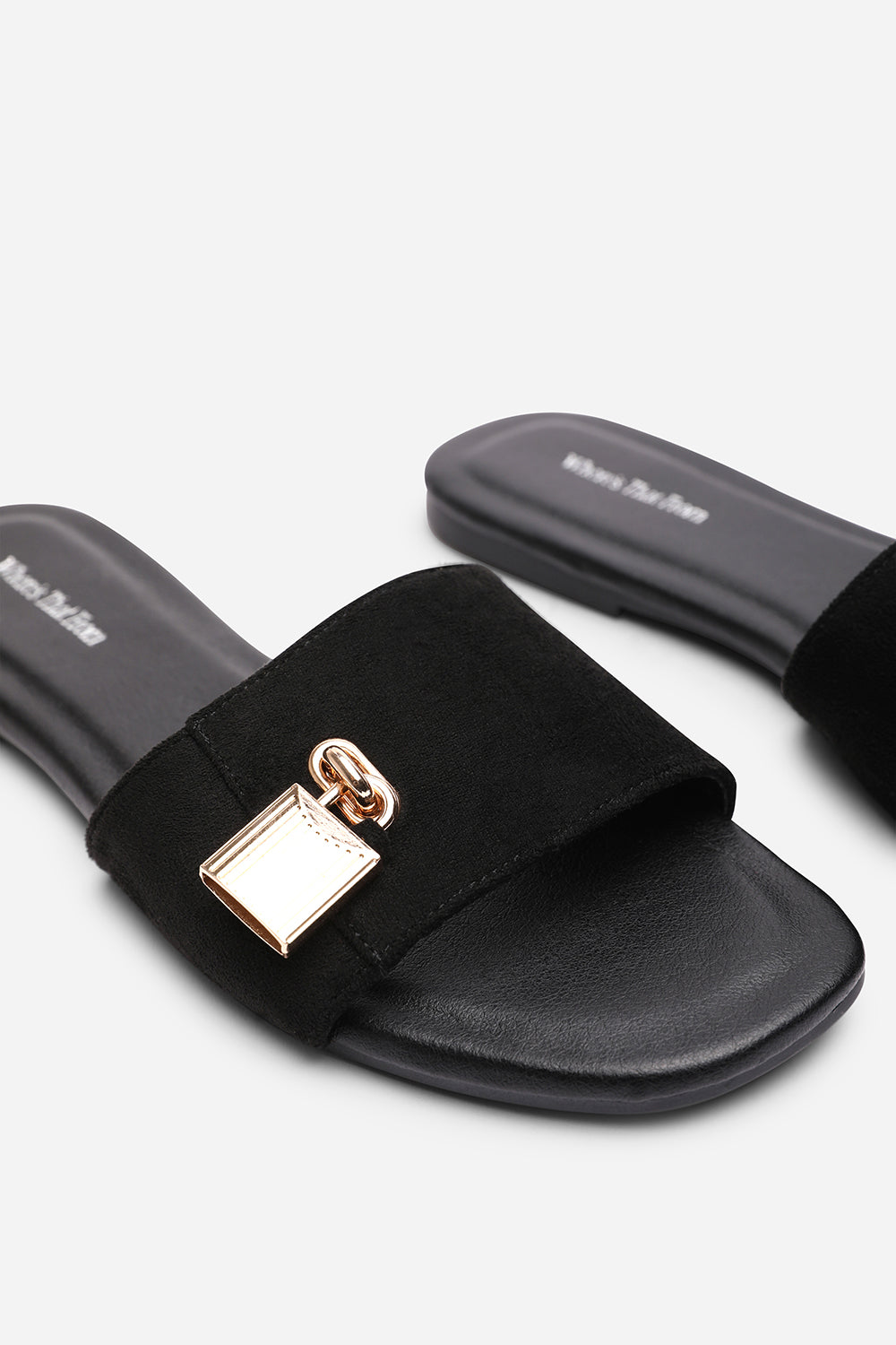 Black Solana Gold Trim Flat Slide On Sandal, Image 5 of 6