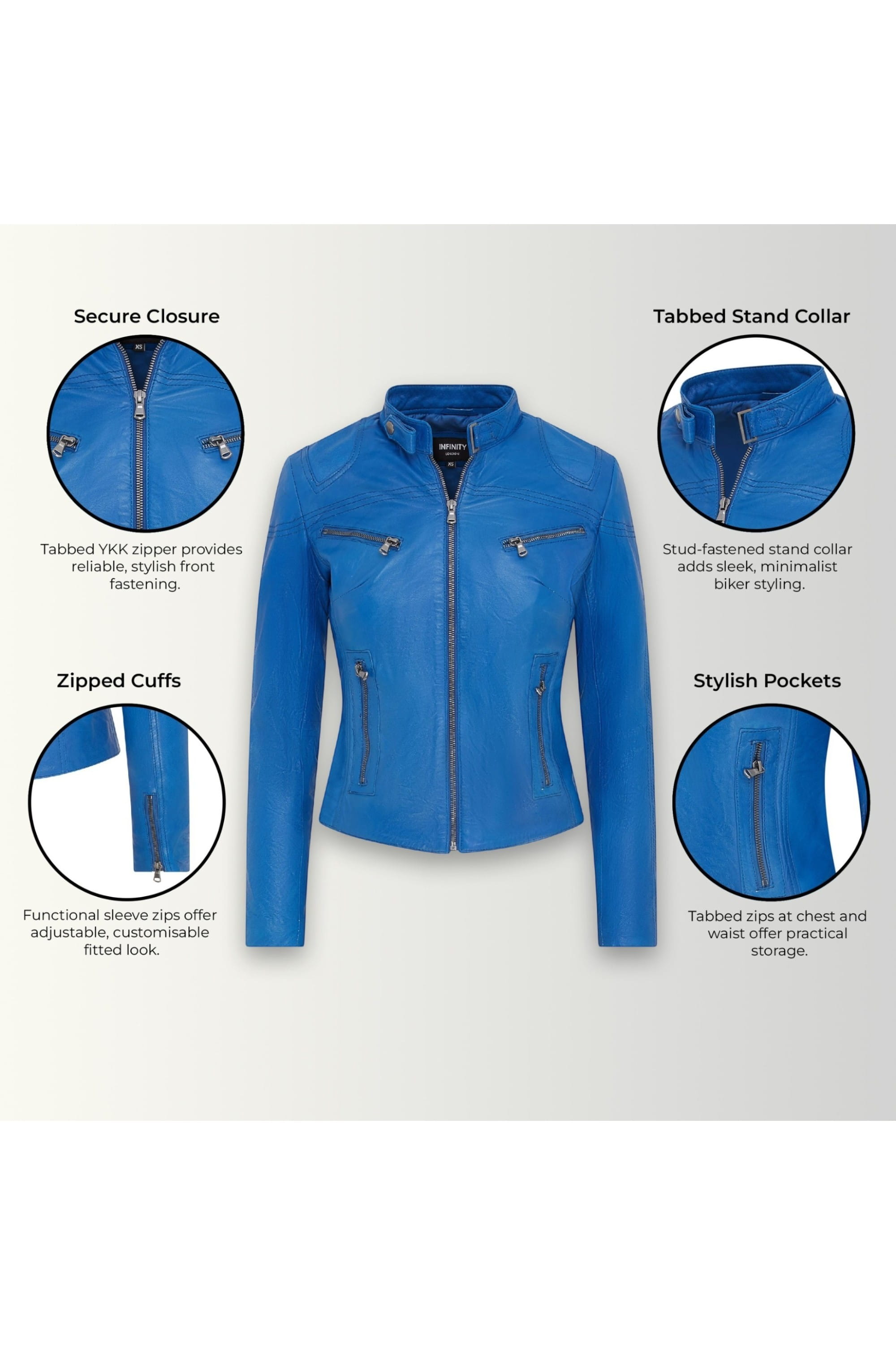 Blue Slim-Fit Leather Biker Jacket-Tulsa, Image 3 of 7