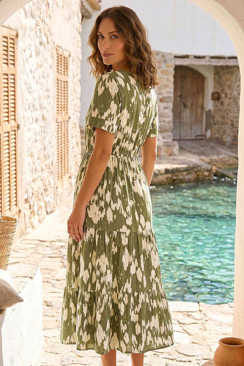 Khaki Petite Abstract Print Tiered Midi Dress, Image 3 of 4