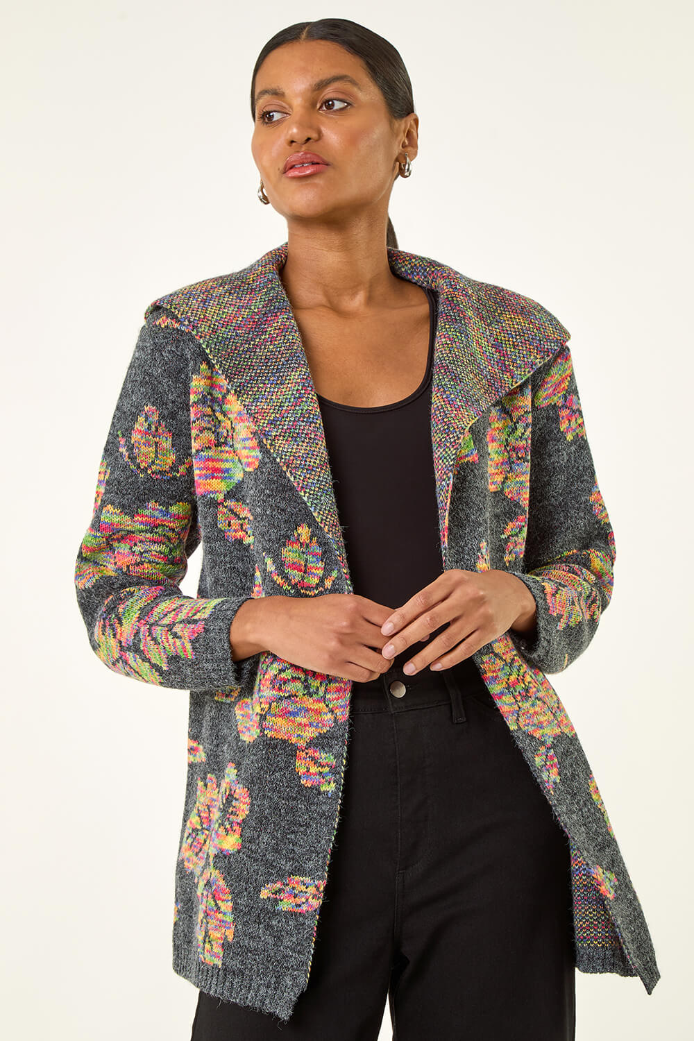 Dark Grey Floral Jacquard Knit Cardigan, Image 5 of 5