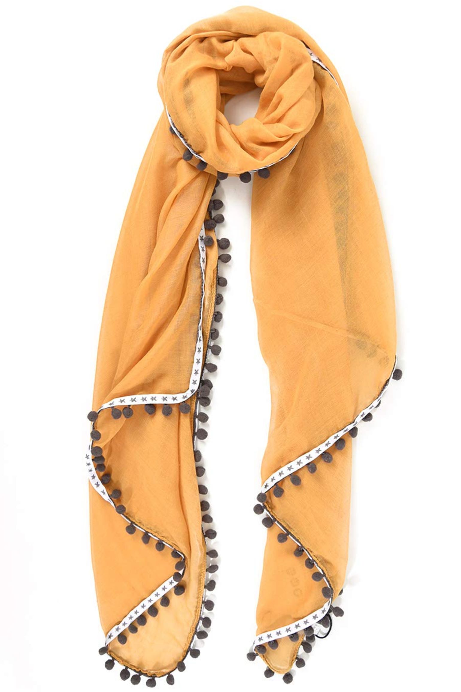Mustard Lightweight Pom Pom Star Trim Scarf, Image 2 of 2