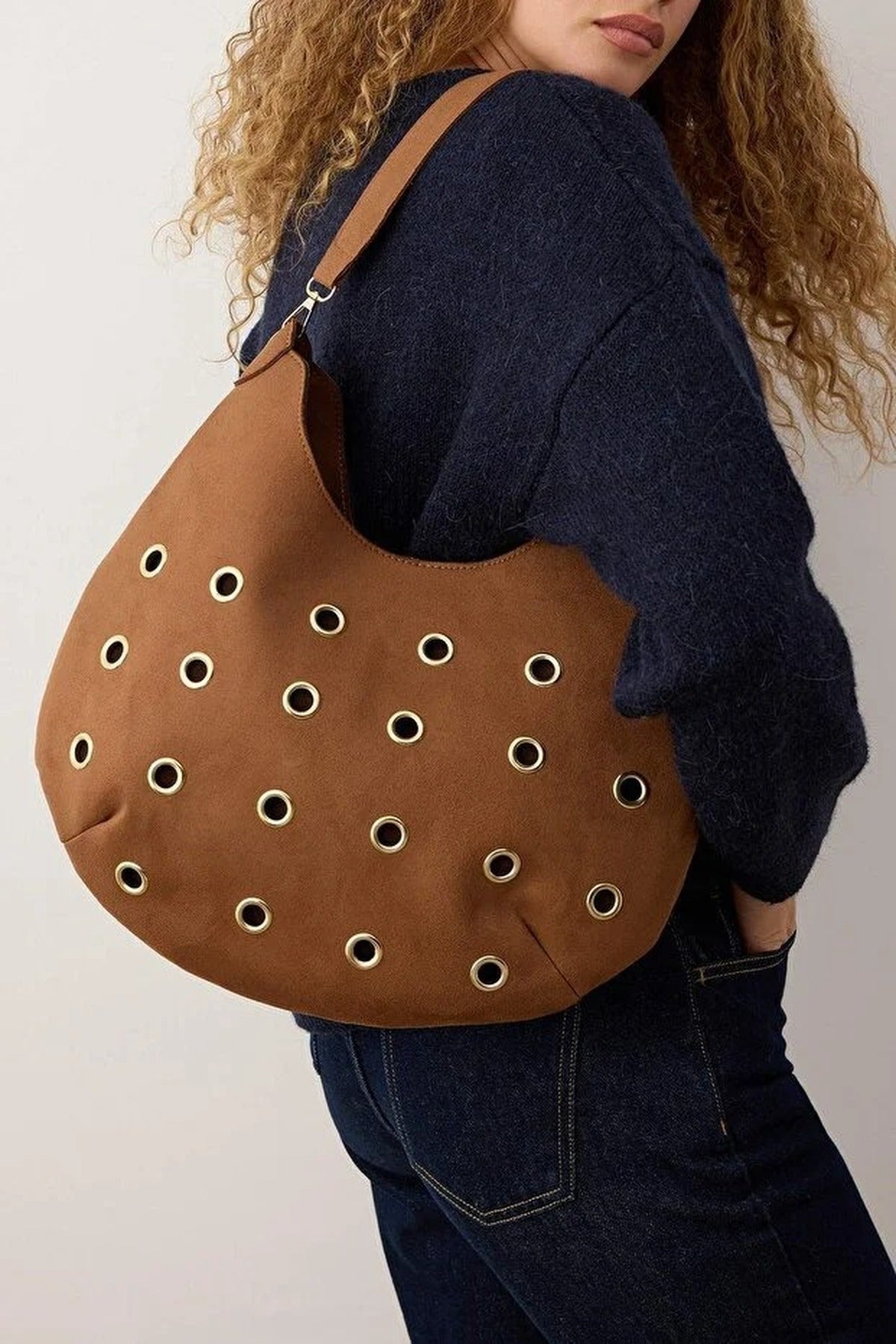 Brown Suede Shoulder Bag with Eyelet Detail, Image 1 of 4