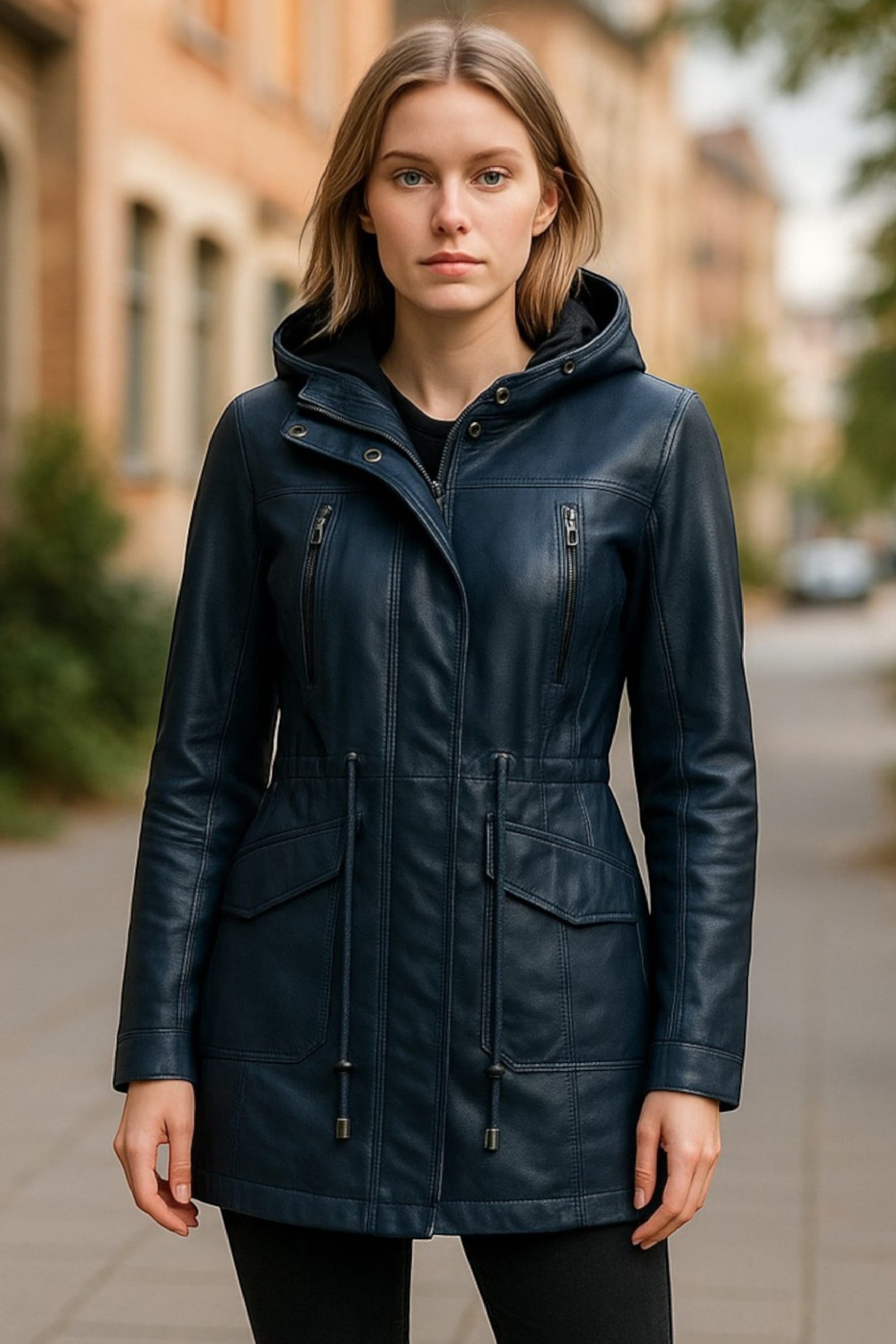 Blue Leather Hooded Parka Jacket-Clare, Image 1 of 6