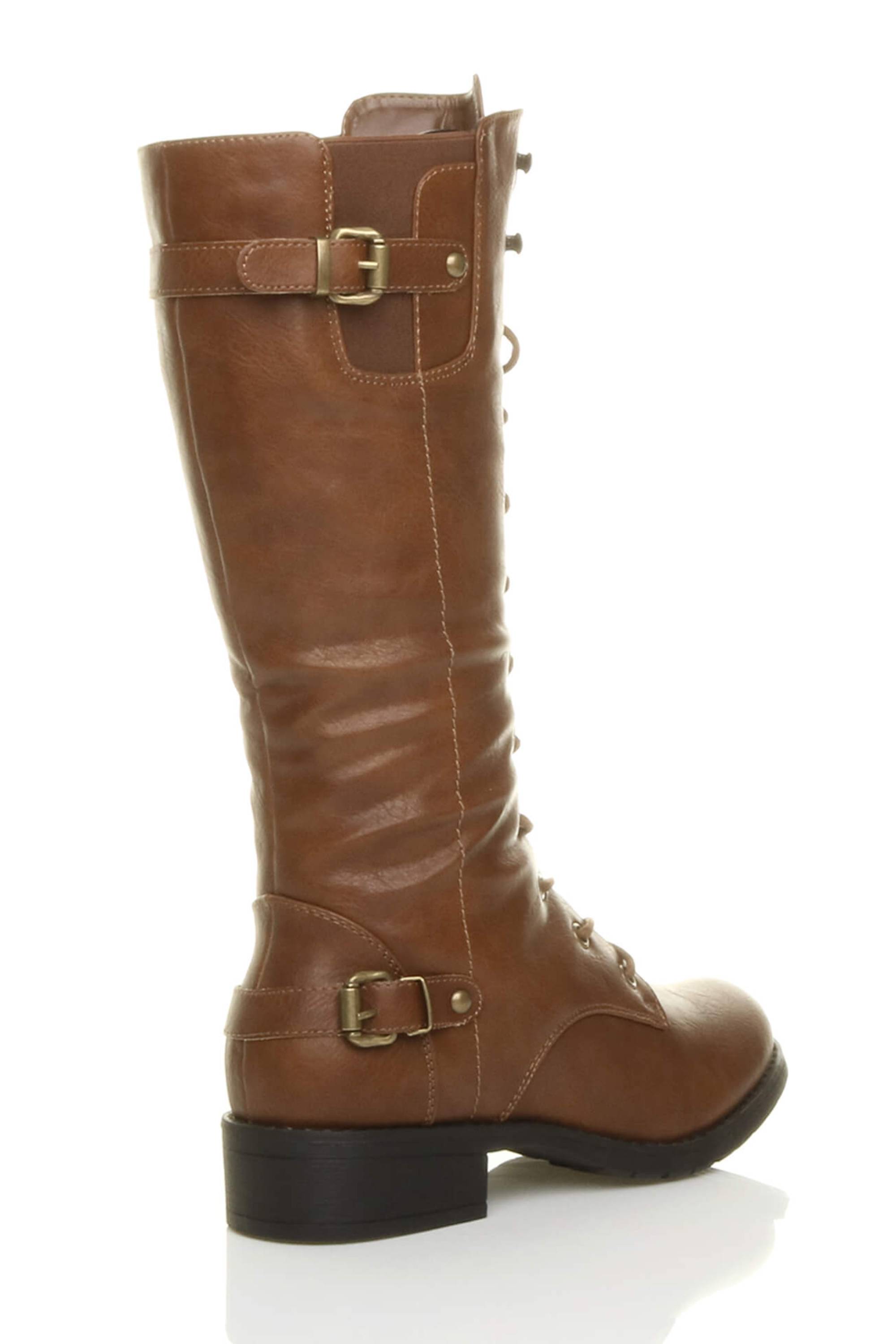Tan Lace Up Calf Military Biker Boots, Image 4 of 6