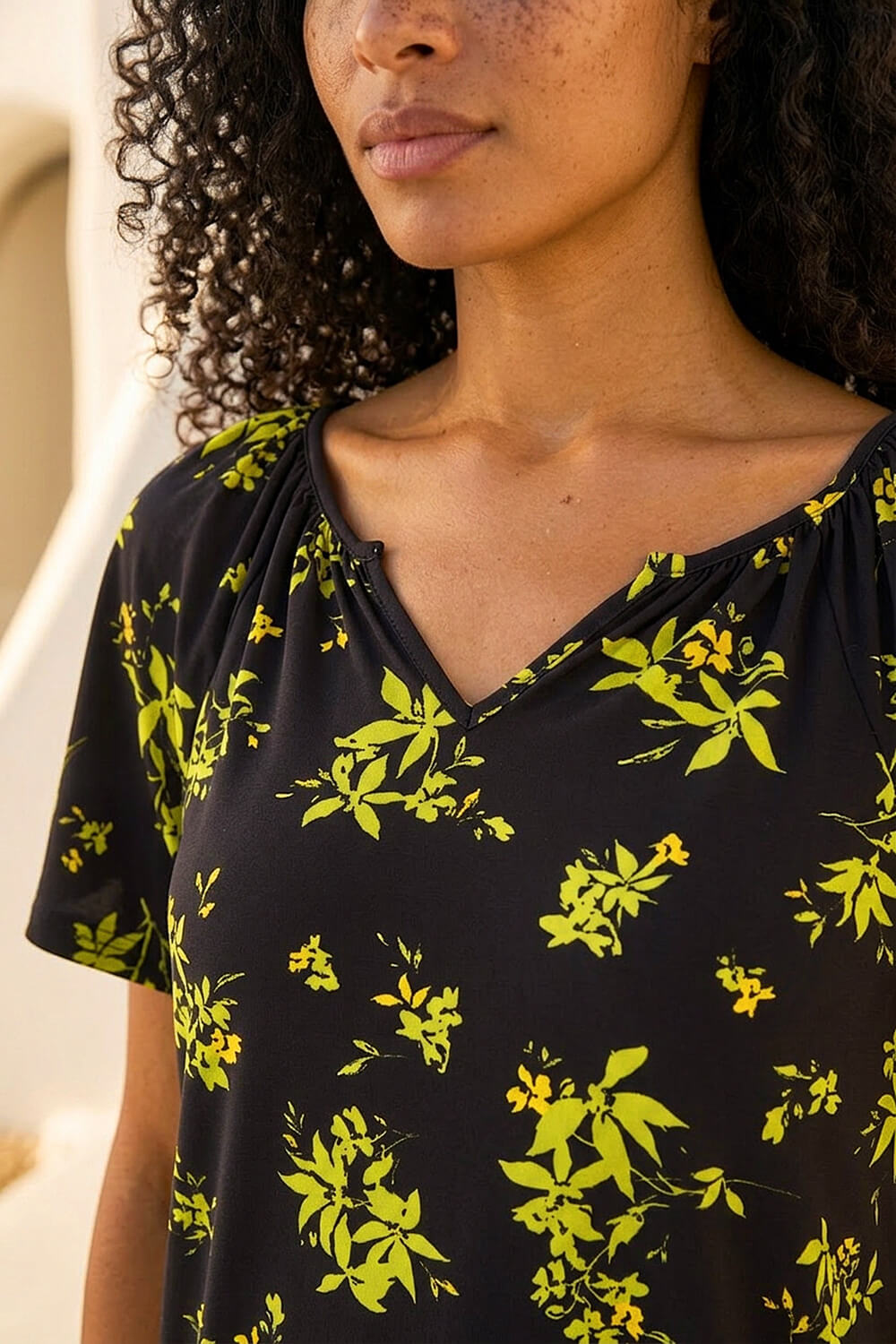Green Floral Print Gathered Stretch Top, Image 5 of 4