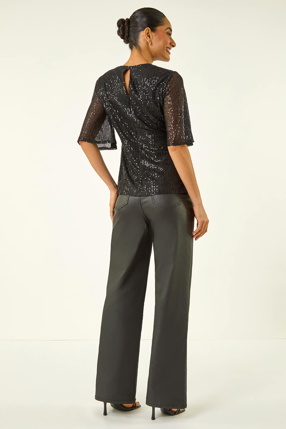 Black Dusk Sequin Tie Front V-Neck Stretch Top, Image 4 of 5