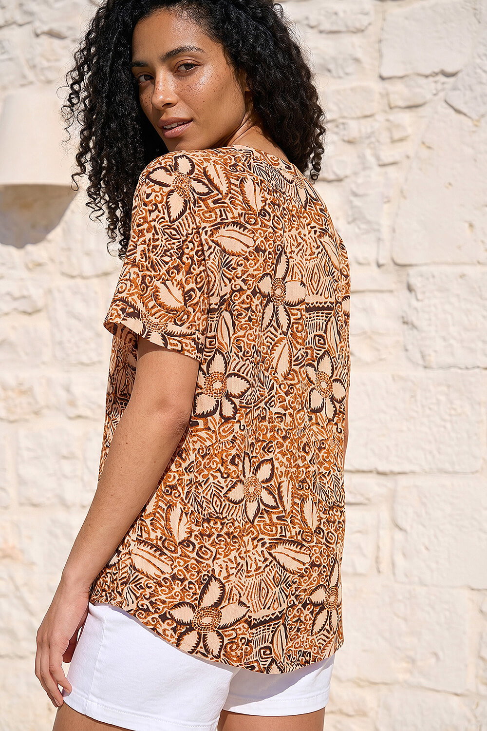 Rust Floral Abstract Print Tunic Top , Image 3 of 4