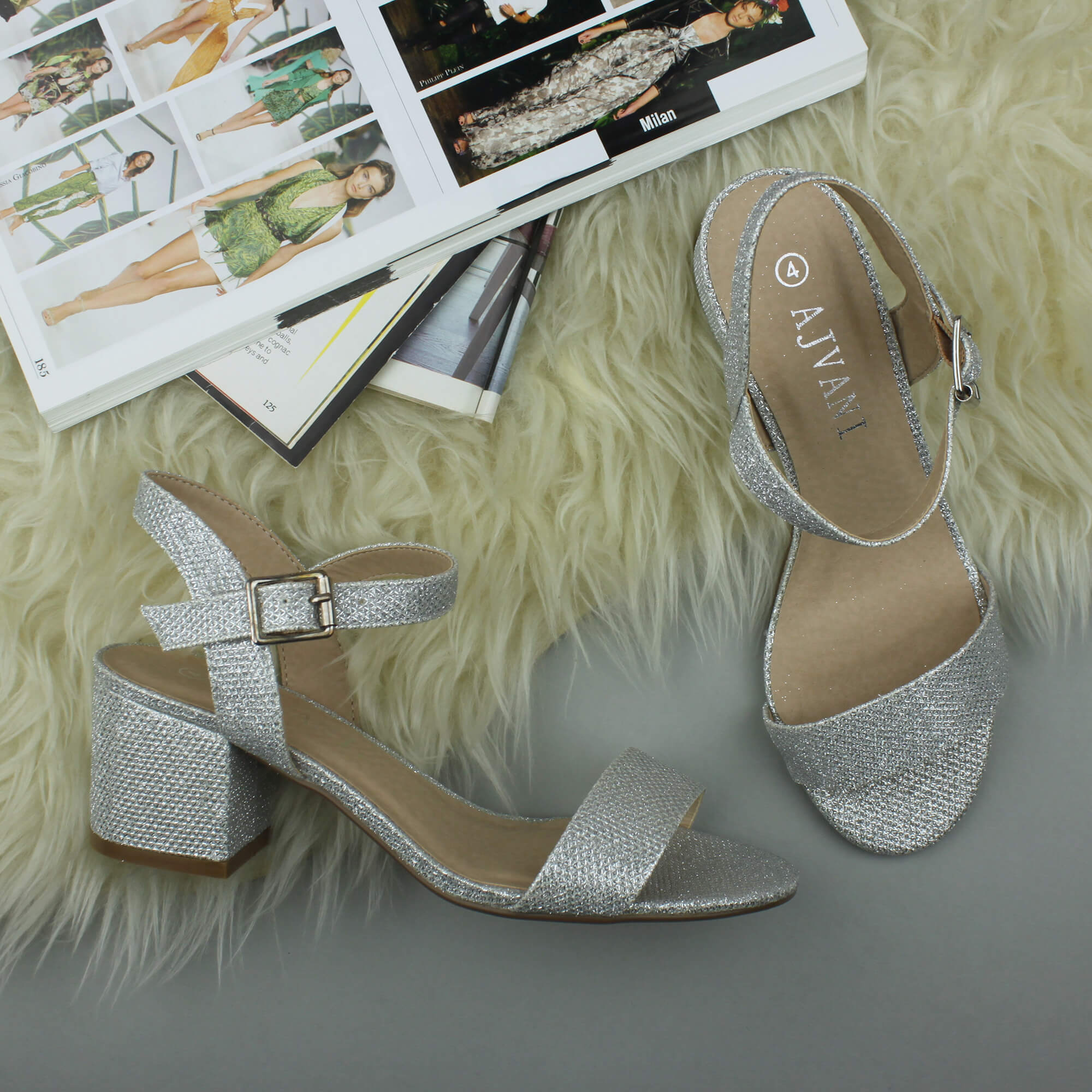 Silver AJVANI Silver Mid Block Heel Strappy Sandals, Image 4 of 6