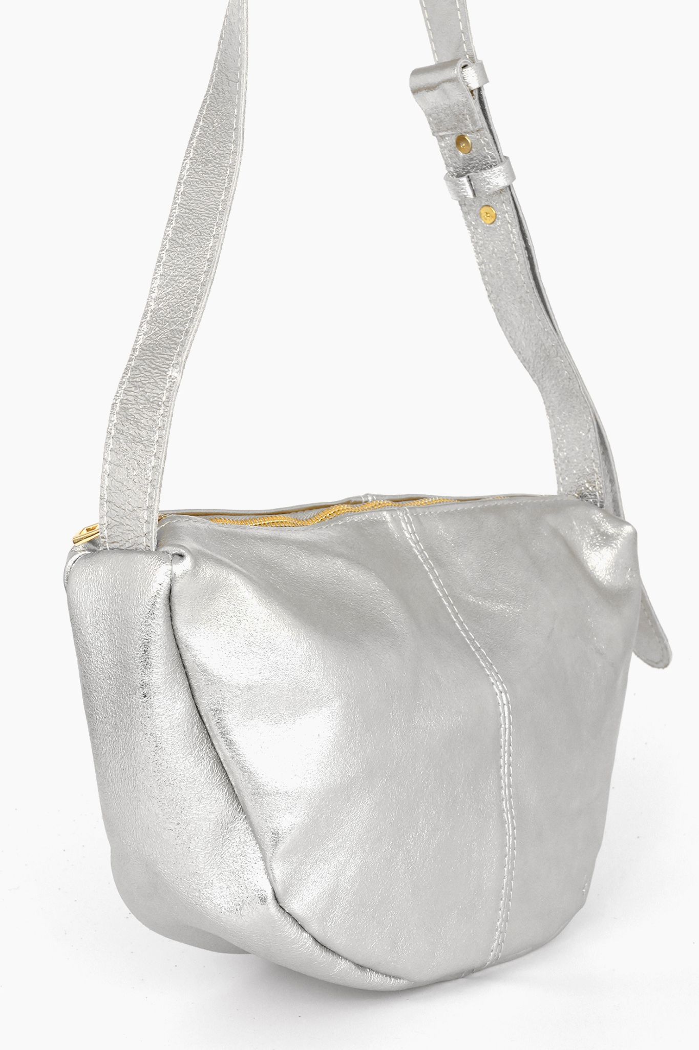 Silver Metallic Leather Half Moon Crossbody Bag, Image 3 of 3