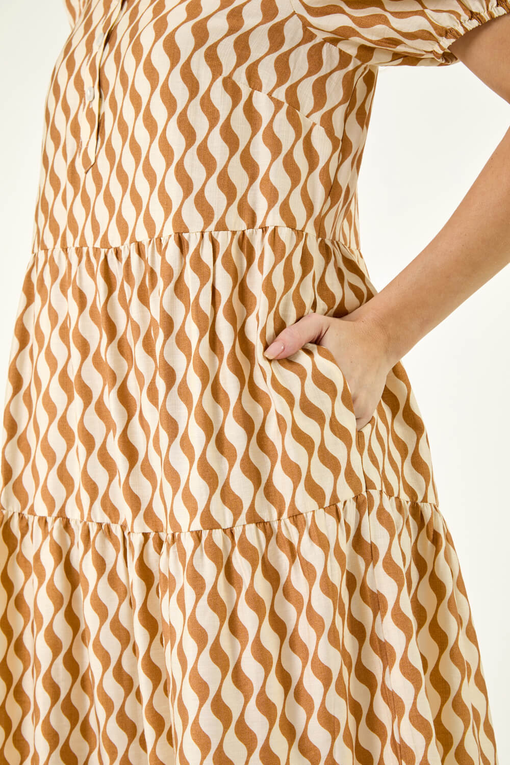 Camel Geo Print Button Shirt Midi Dress, Image 6 of 5
