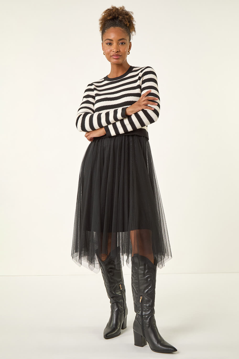Black Stripe Print Mesh Midi Dress, Image 3 of 5
